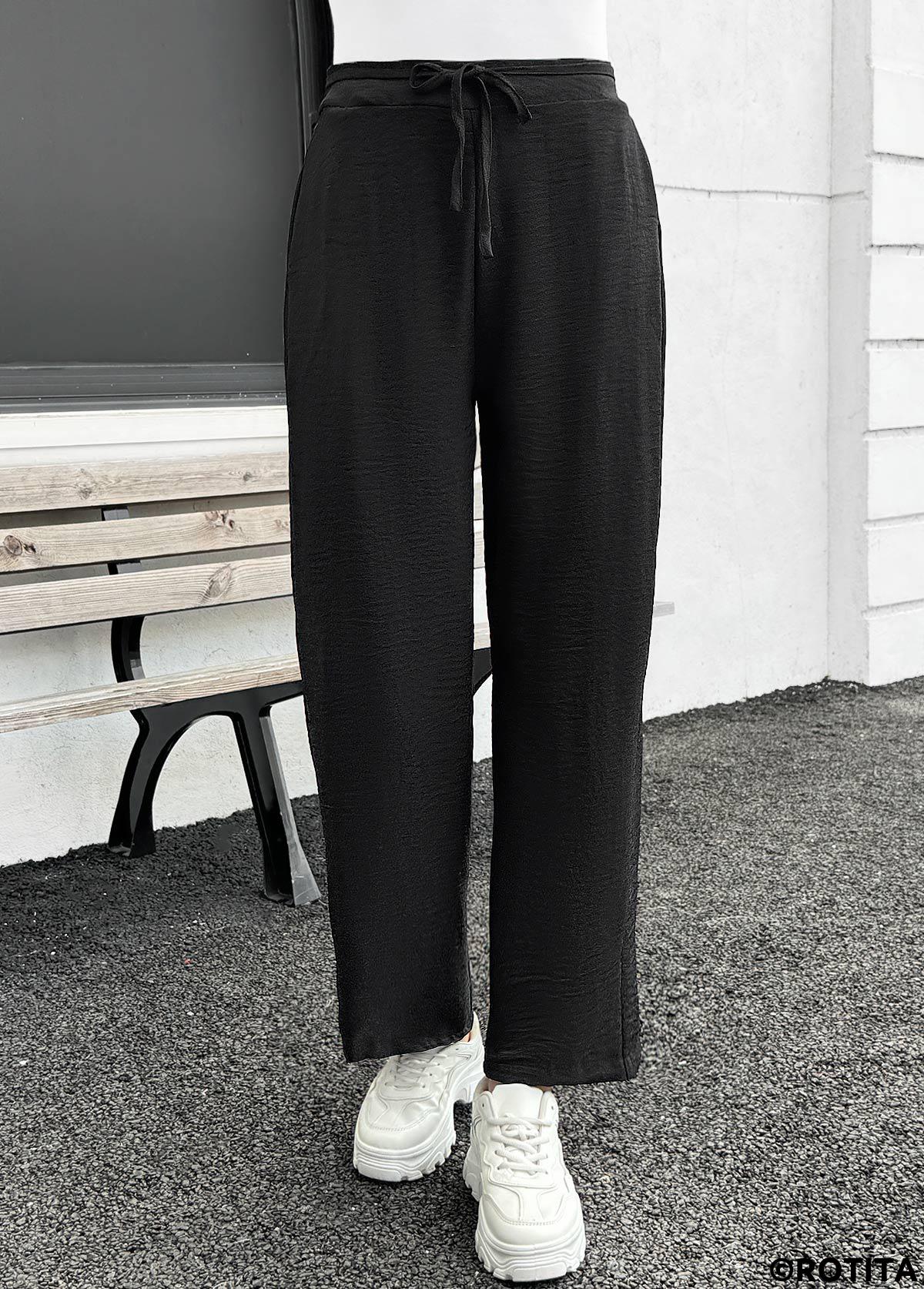 Black bottoms,Plain Color bottoms,Pocket Black Straight Leg Elastic Waist High Waisted Pants