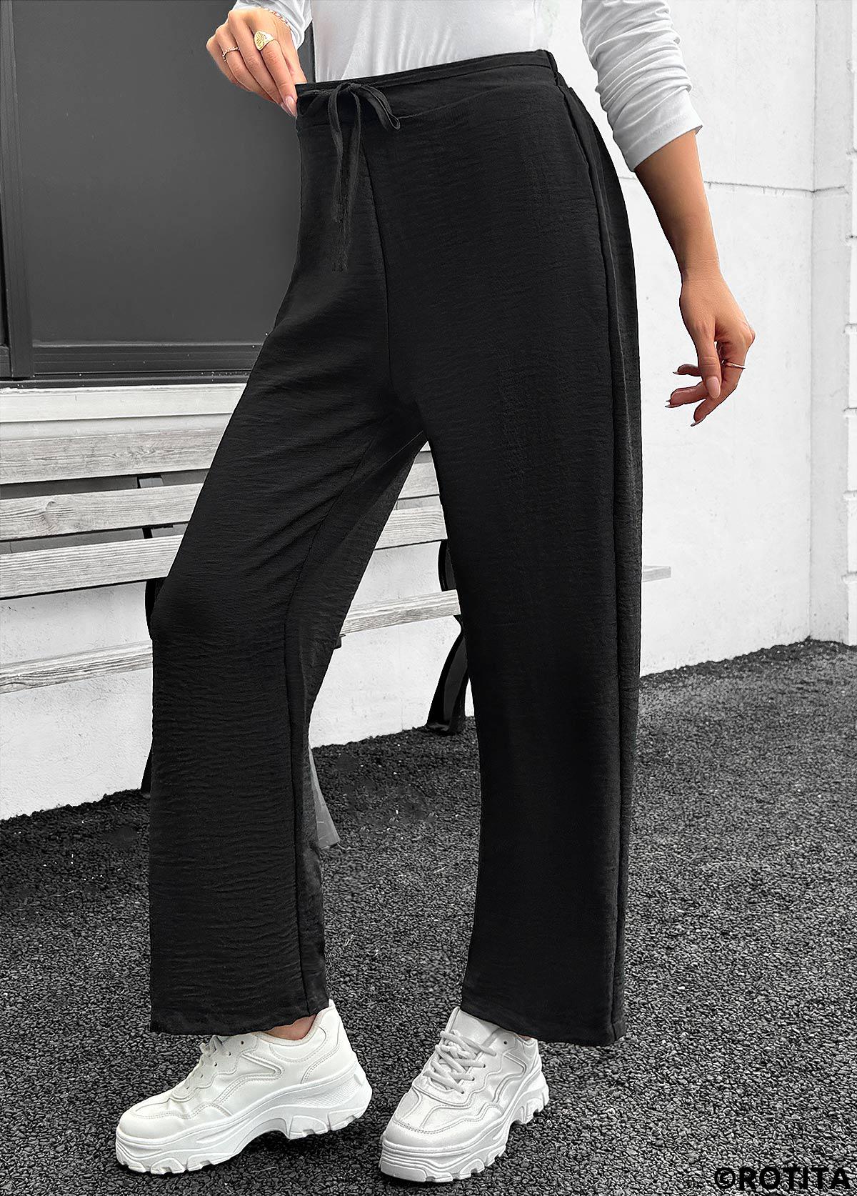 Black bottoms,Plain Color bottoms,Pocket Black Straight Leg Elastic Waist High Waisted Pants