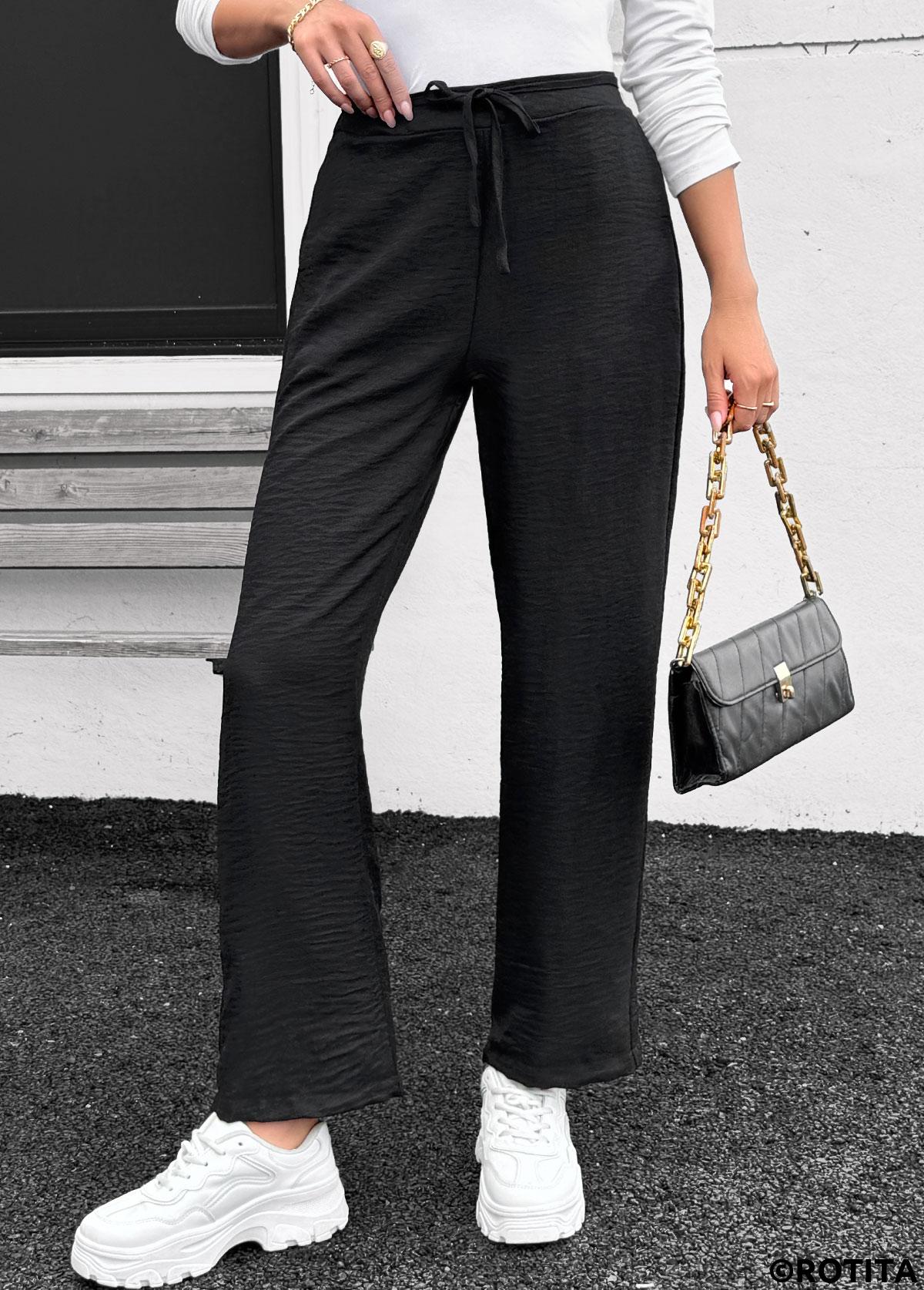 Black bottoms,Plain Color bottoms,Pocket Black Straight Leg Elastic Waist High Waisted Pants