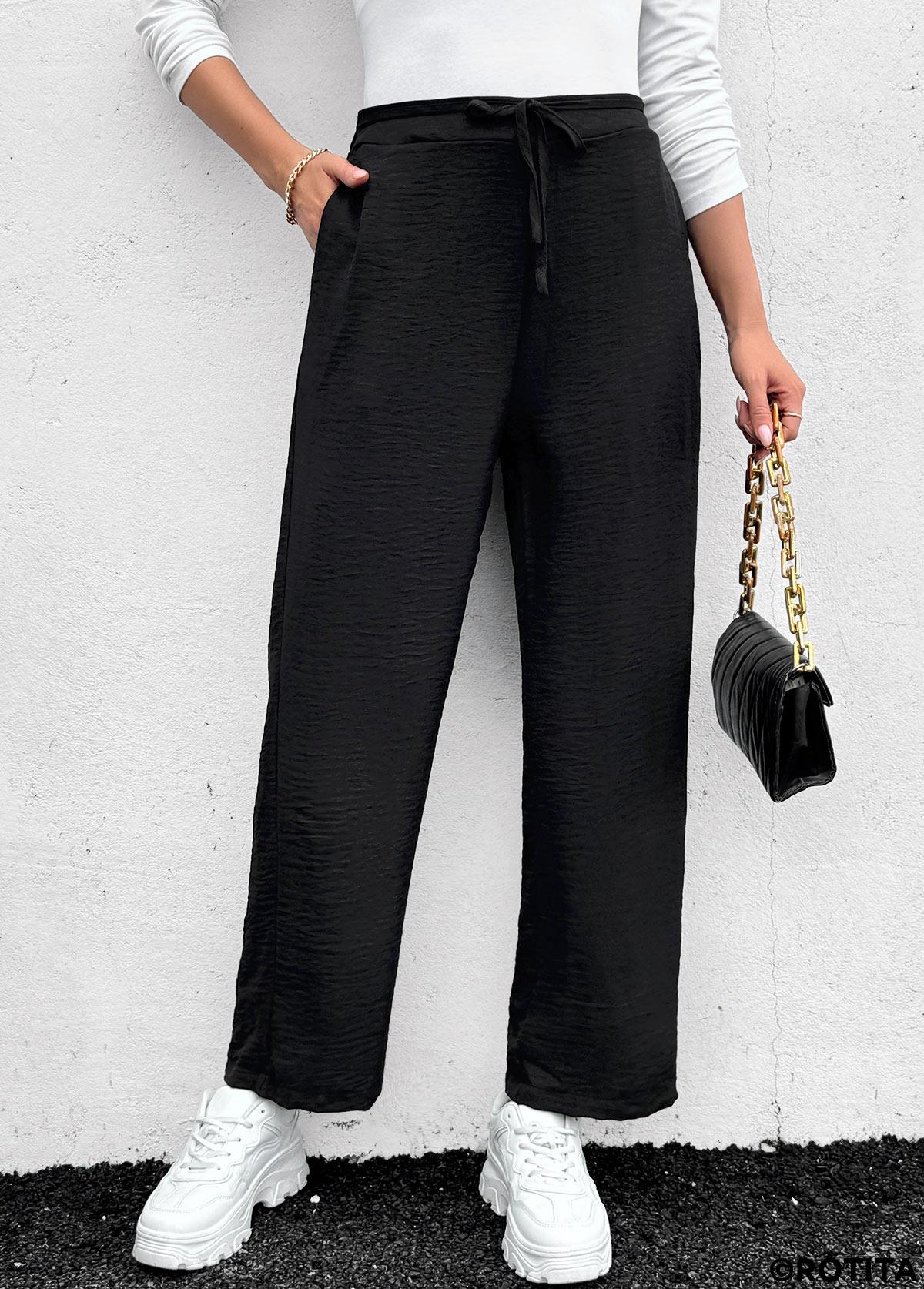 Black bottoms,Plain Color bottoms,Pocket Black Straight Leg Elastic Waist High Waisted Pants