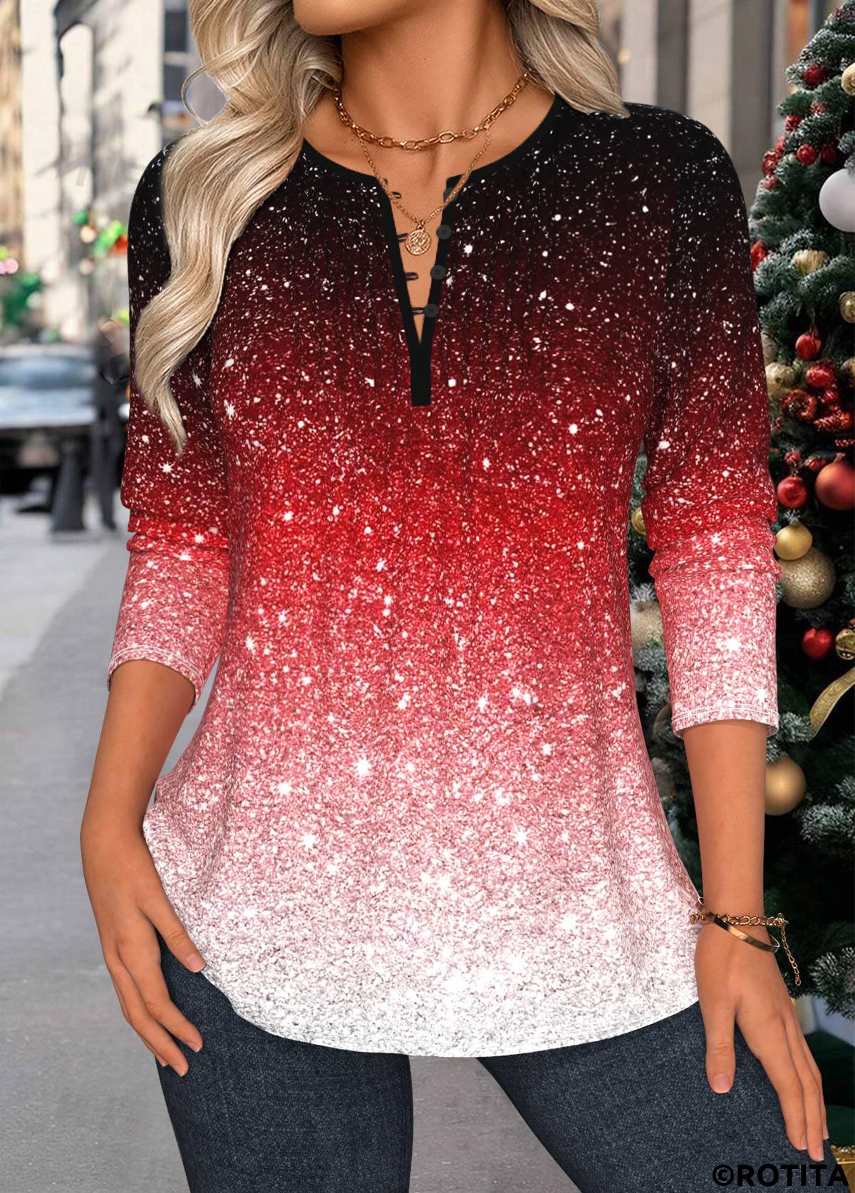Red tops,Ombre tops,ROTITA Tuck Stitch Ombre Red Split Neck Long Sleeve Blouse