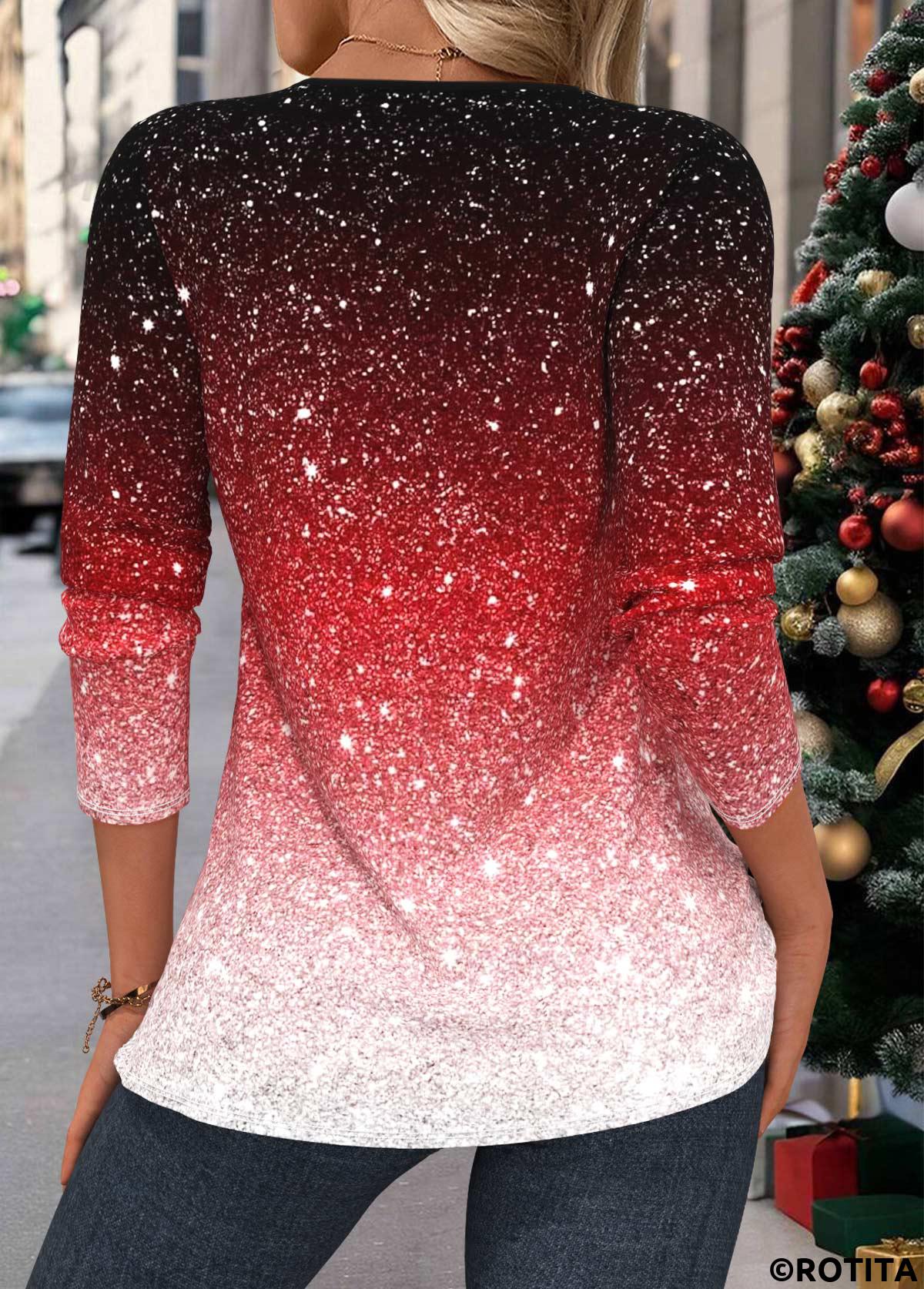 Red tops,Ombre tops,ROTITA Tuck Stitch Ombre Red Split Neck Long Sleeve Blouse