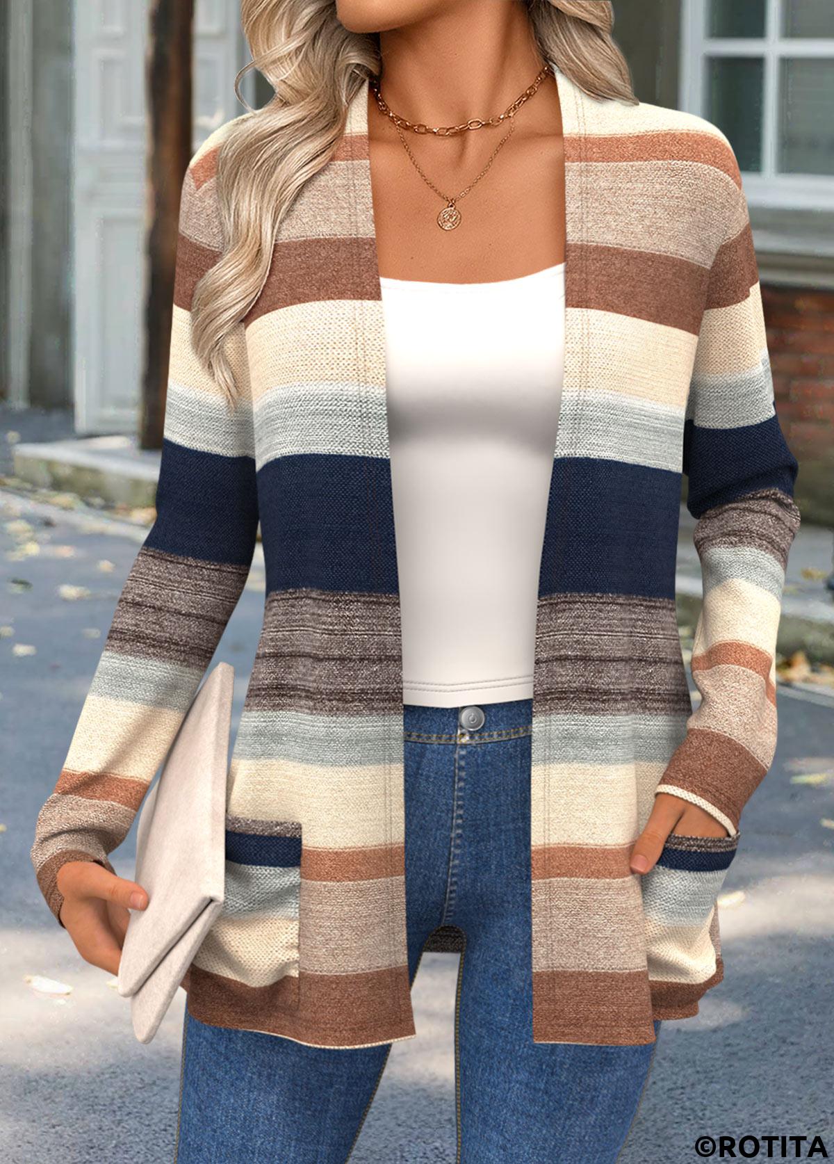 Multi Color tops,Striped tops,Geometric tops,ROTITA Curved Hem Striped Multi Color Long Sleeve Knit Cardigan