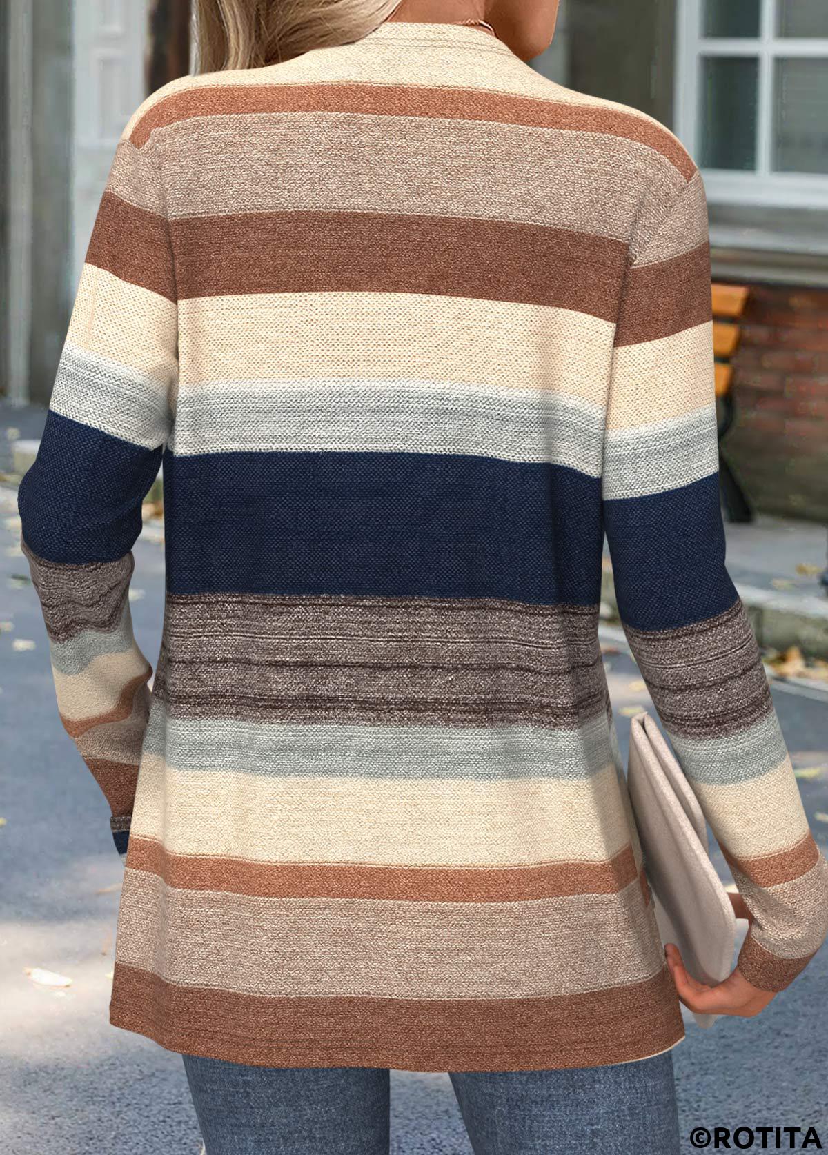 Multi Color tops,Striped tops,Geometric tops,ROTITA Curved Hem Striped Multi Color Long Sleeve Knit Cardigan