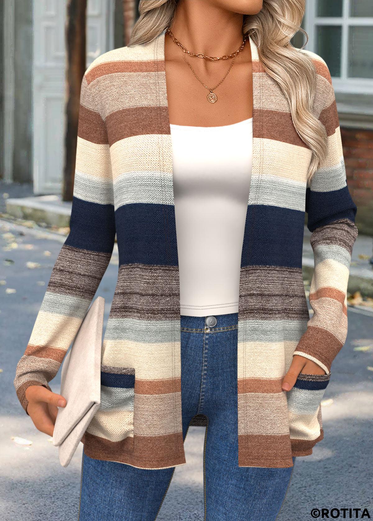 Multi Color tops,Striped tops,Geometric tops,ROTITA Curved Hem Striped Multi Color Long Sleeve Knit Cardigan