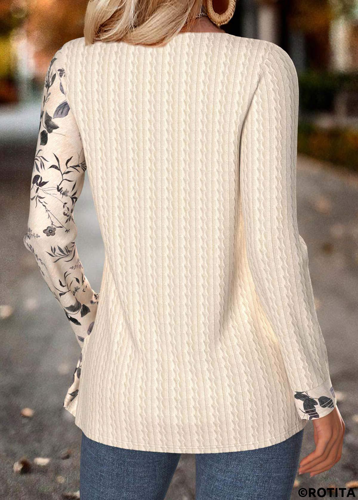 Beige tops,Plants tops,ROTITA Tummy Coverage Leaf Print Beige Round Neck T Shirt
