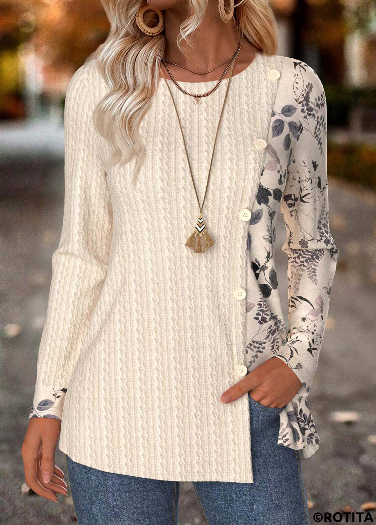 Beige tops,Plants tops,ROTITA Tummy Coverage Leaf Print Beige Round Neck T Shirt