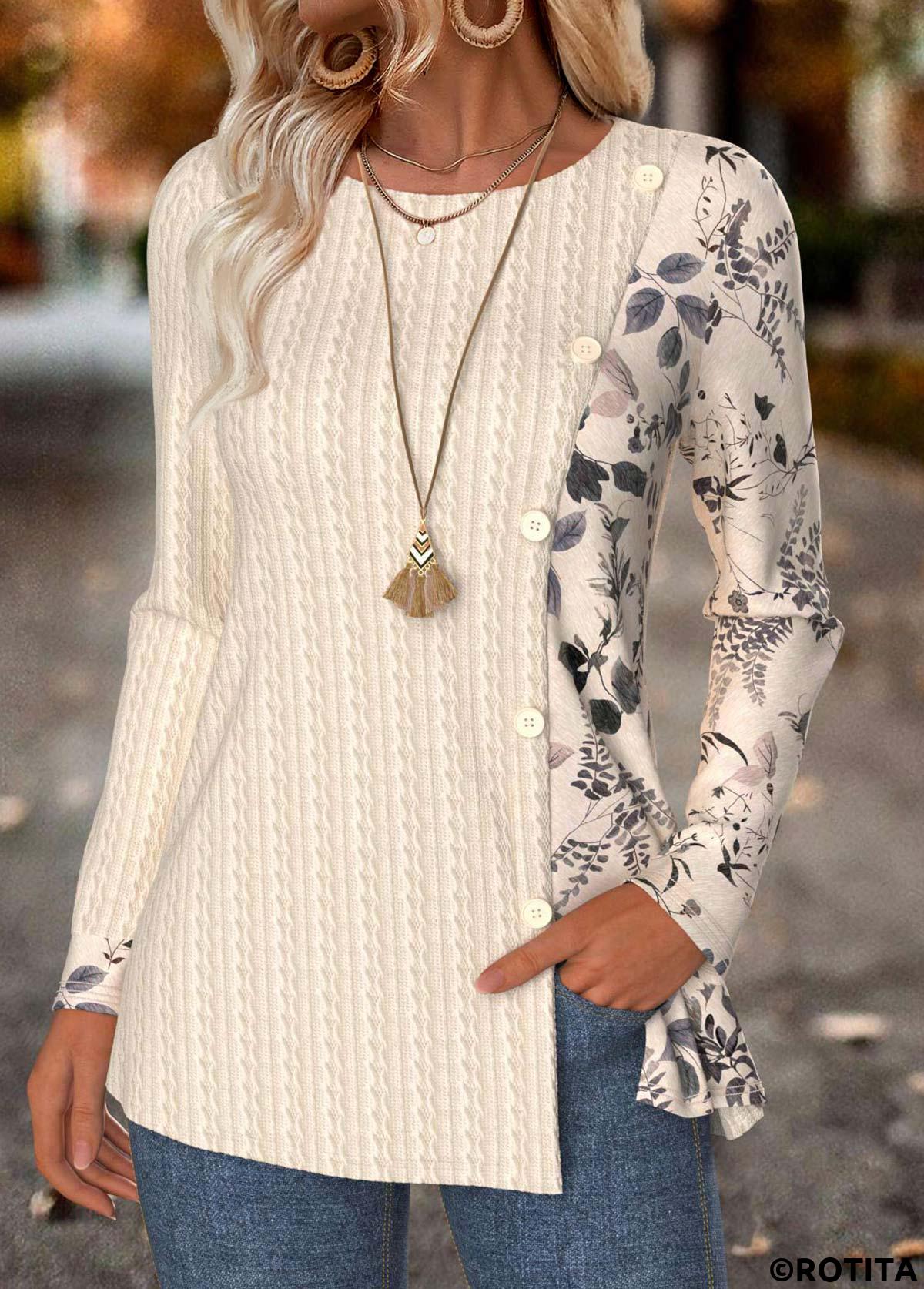 Beige tops,Plants tops,ROTITA Tummy Coverage Leaf Print Beige Round Neck T Shirt