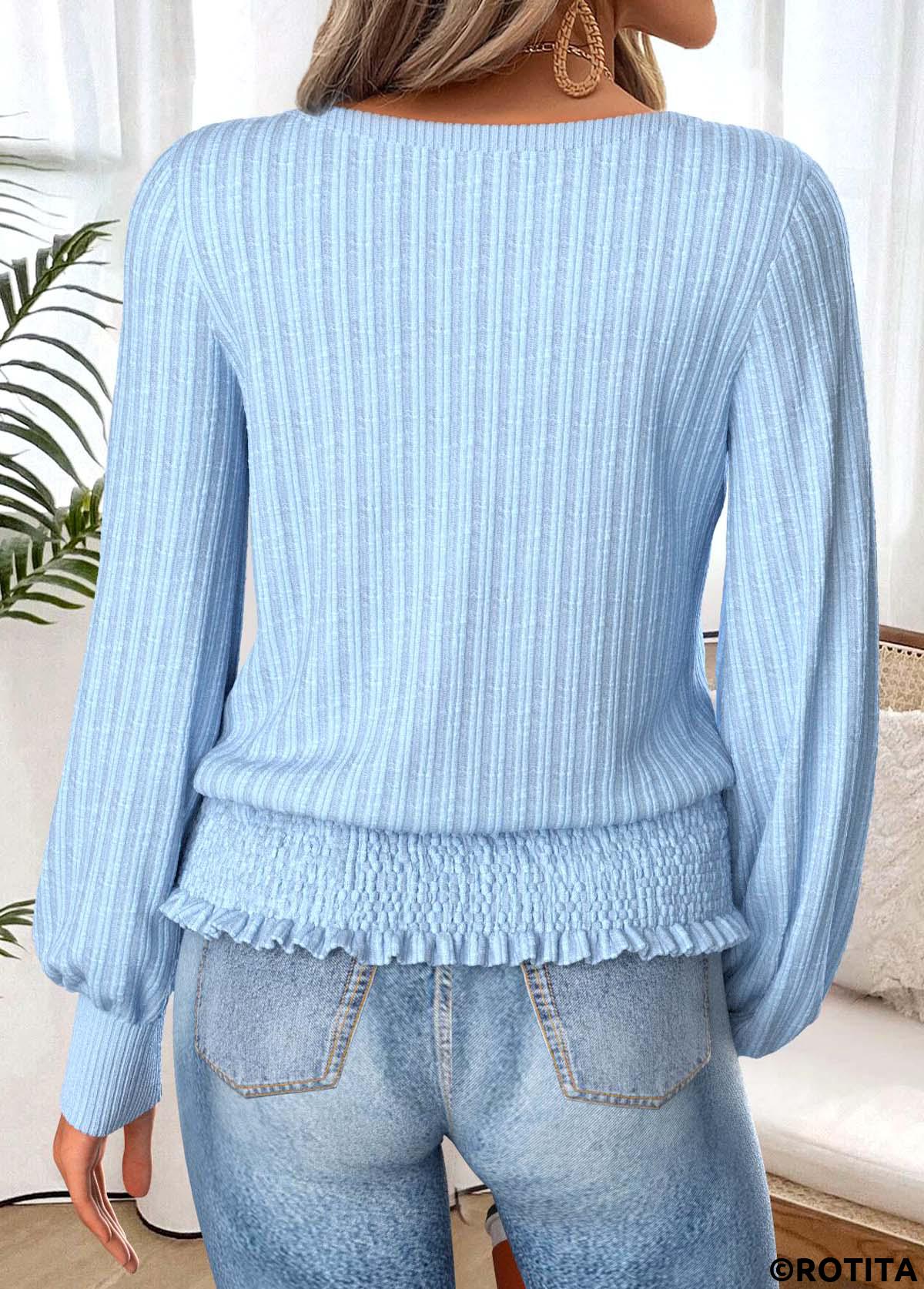 Light Blue tops,Plain Color tops,ROTITA Tummy Coverage Light Blue Boat Neck T Shirt