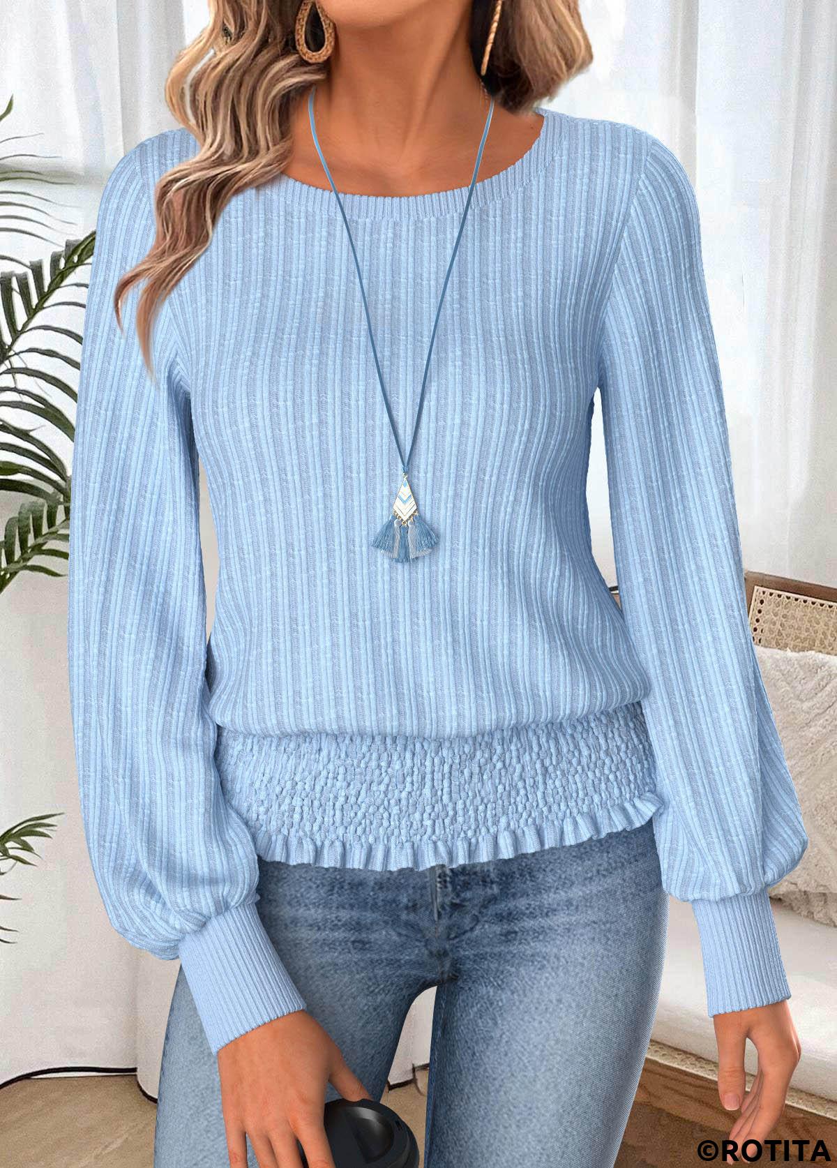 Light Blue tops,Plain Color tops,ROTITA Tummy Coverage Light Blue Boat Neck T Shirt