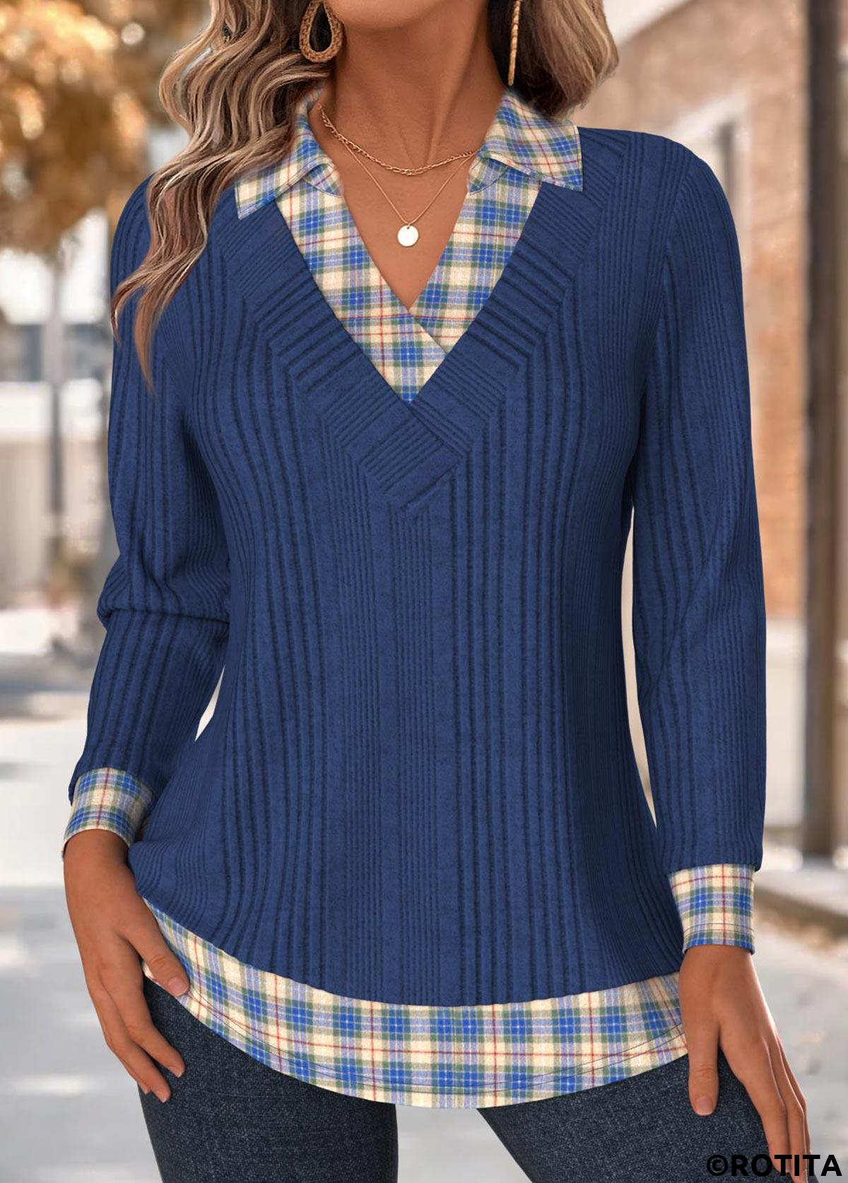 Navy tops,Plaid tops,Geometric tops,ROTITA Tummy Coverage Plaid Navy Long Sleeve T Shirt
