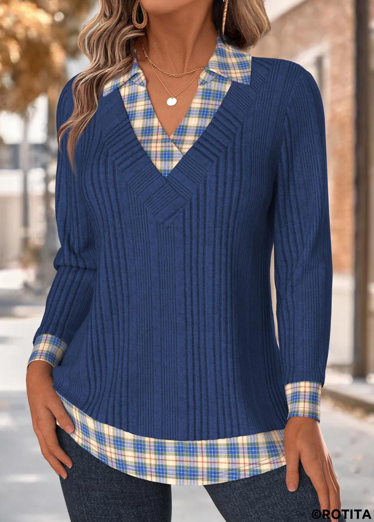 Navy tops,Plaid tops,Geometric tops,ROTITA Tummy Coverage Plaid Navy Long Sleeve T Shirt