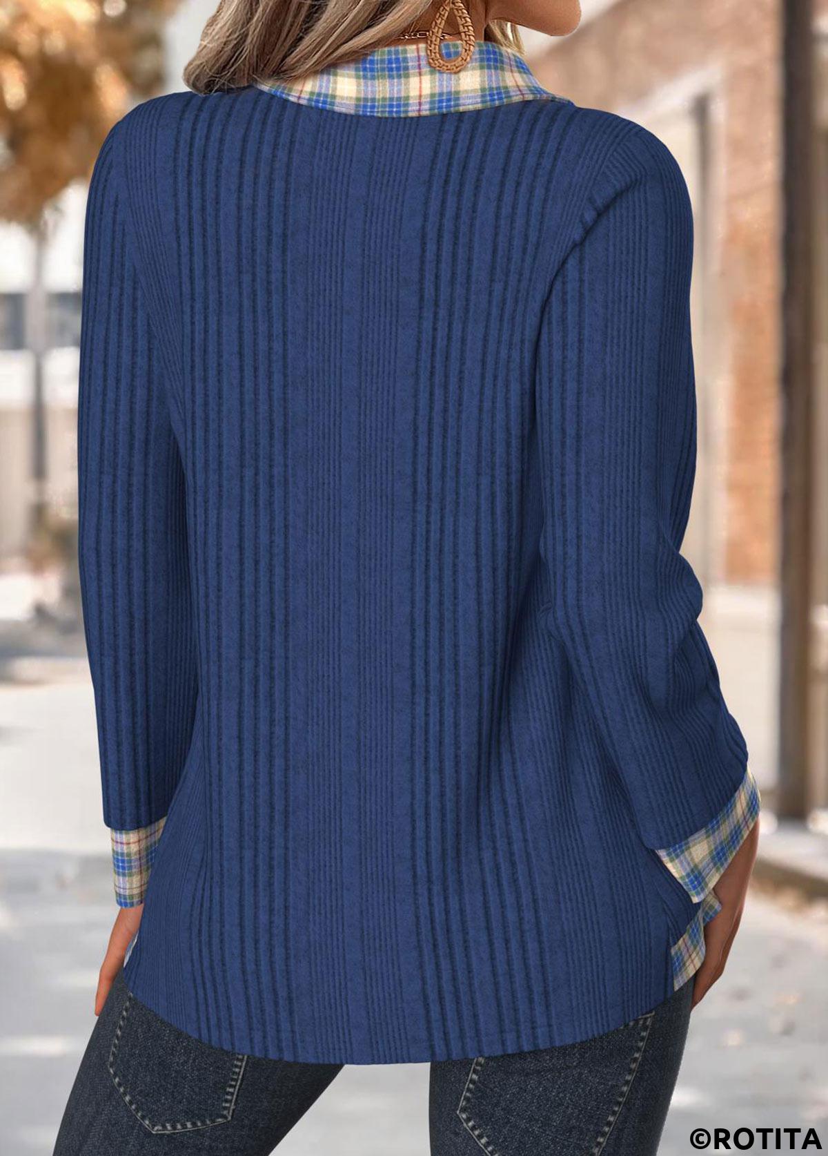 Navy tops,Plaid tops,Geometric tops,ROTITA Tummy Coverage Plaid Navy Long Sleeve T Shirt