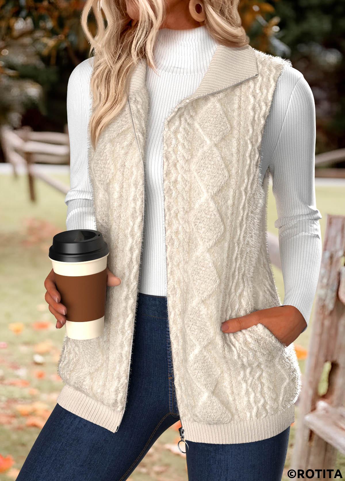 Beige tops,Plain Color tops,ROTITA Double Side Pockets Beige Stand Collar Sleeveless Waistcoat