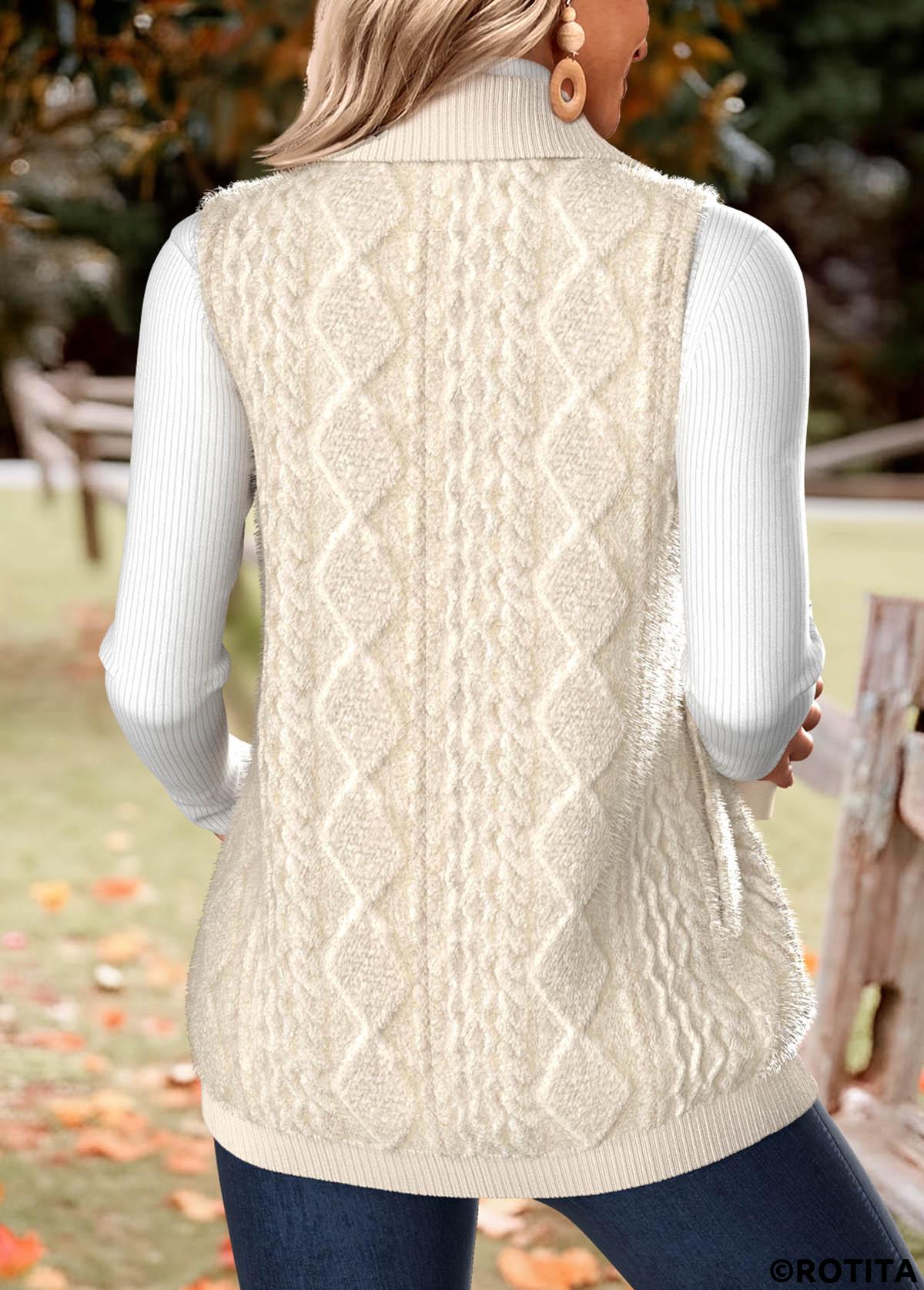 Beige tops,Plain Color tops,ROTITA Double Side Pockets Beige Stand Collar Sleeveless Waistcoat
