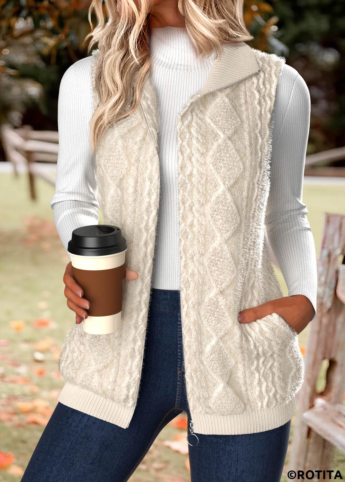 Beige tops,Plain Color tops,ROTITA Double Side Pockets Beige Stand Collar Sleeveless Waistcoat