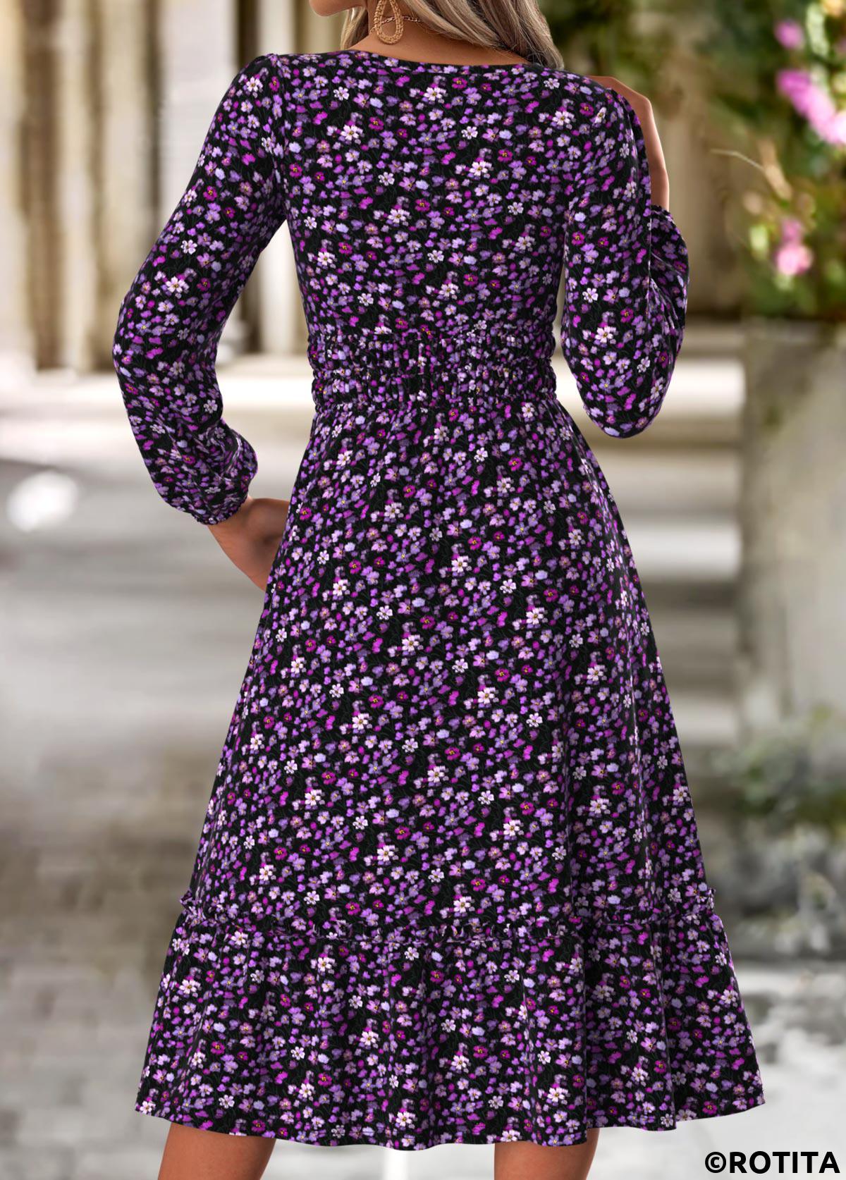 Purple dresses,Ditsy Floral dresses,Casual dresses,ROTITA Double Side Pockets Ditsy Floral Print Purple Dress