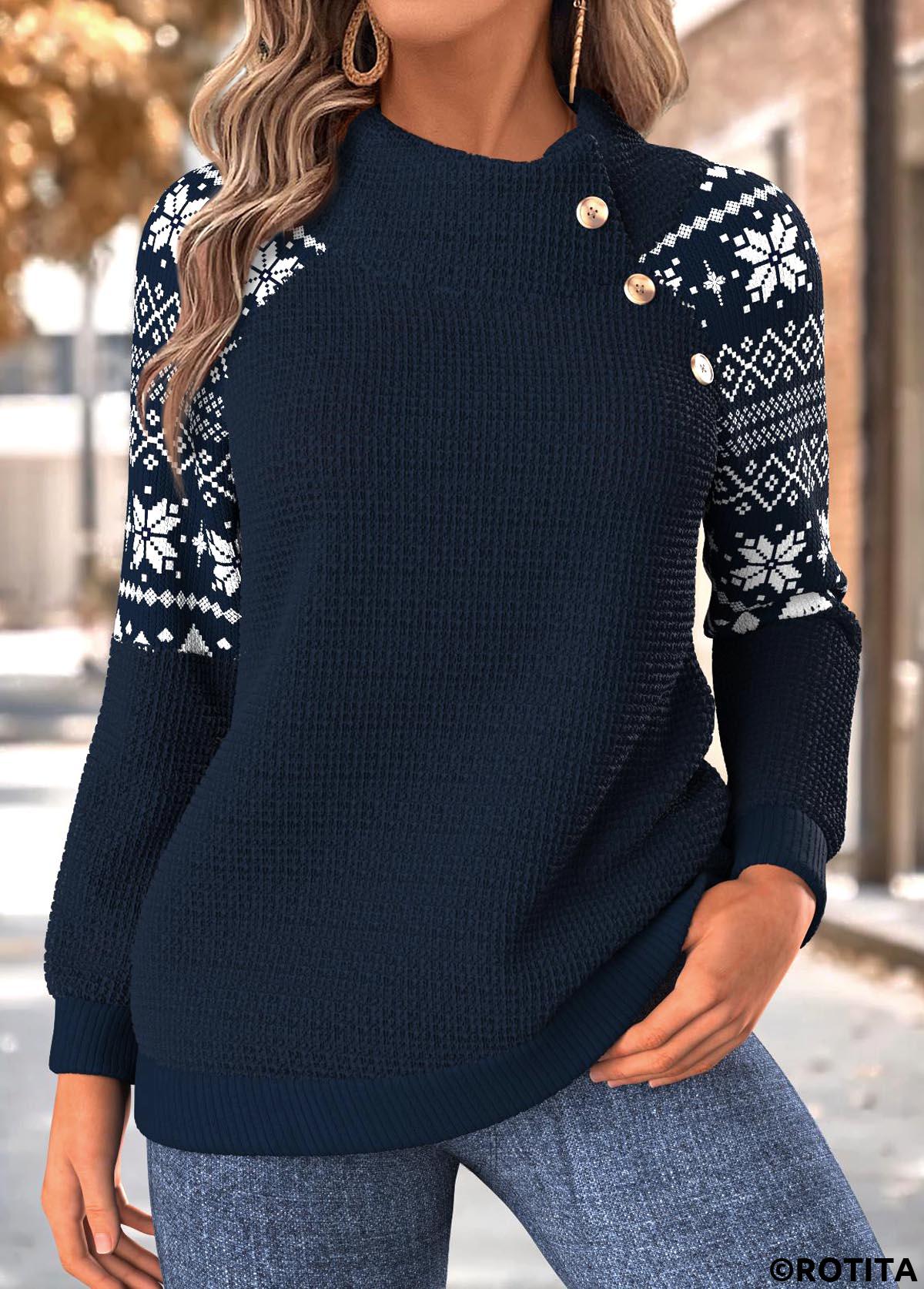 Navy tops,Tribal tops,ROTITA Tummy Coverage Fair Isle Print Navy High Neck Sweatshirt