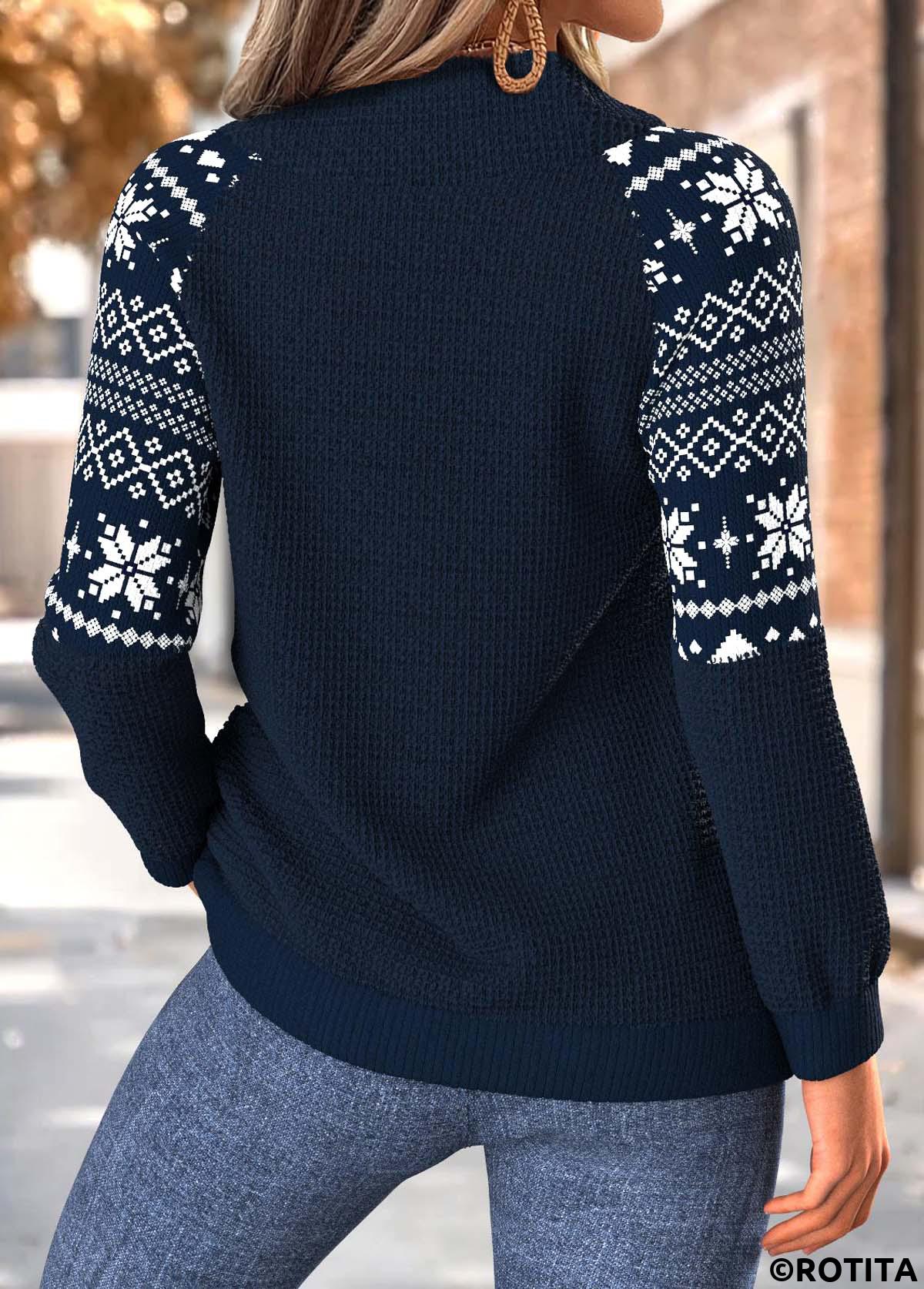 Navy tops,Tribal tops,ROTITA Tummy Coverage Fair Isle Print Navy High Neck Sweatshirt