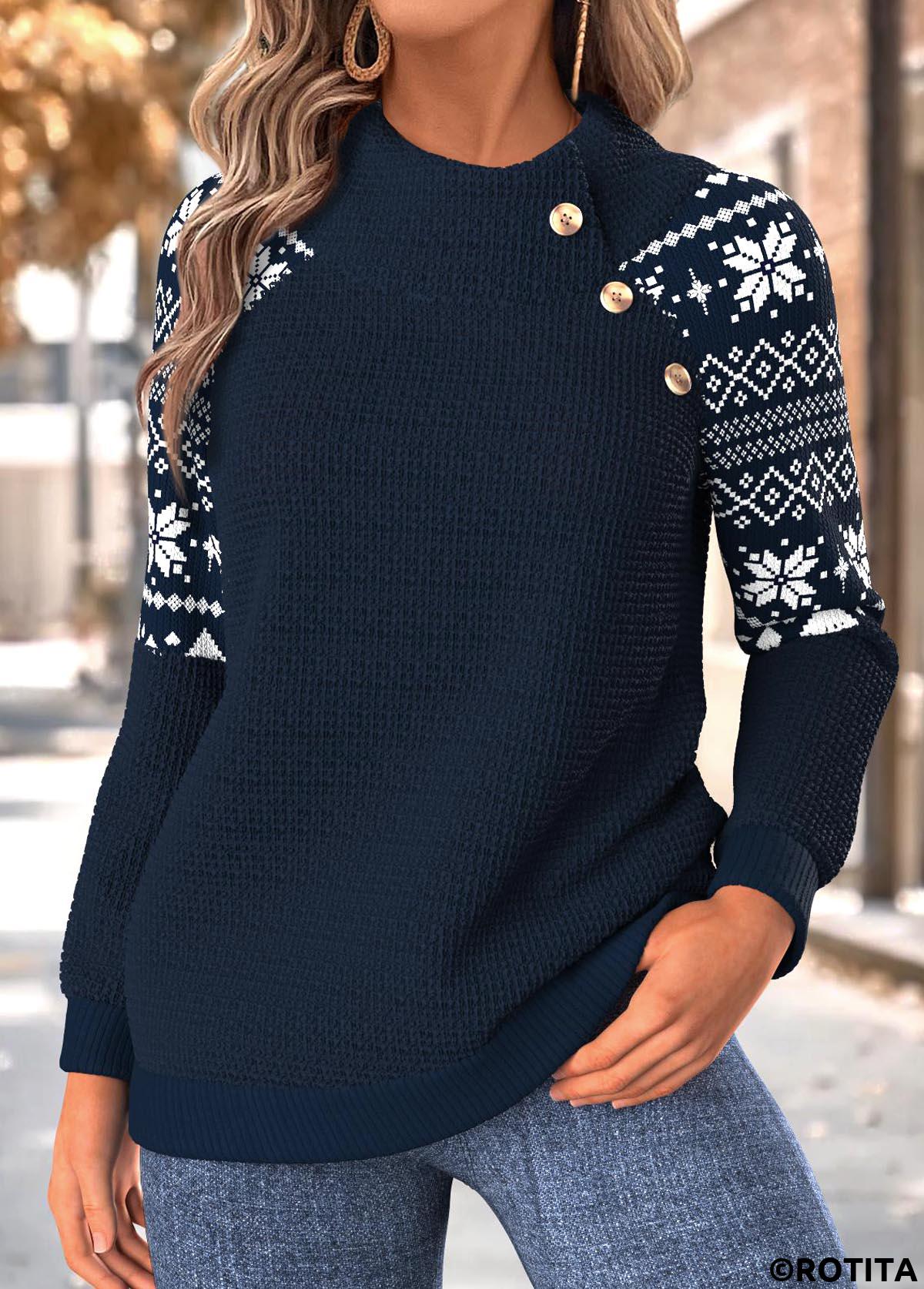Navy tops,Tribal tops,ROTITA Tummy Coverage Fair Isle Print Navy High Neck Sweatshirt