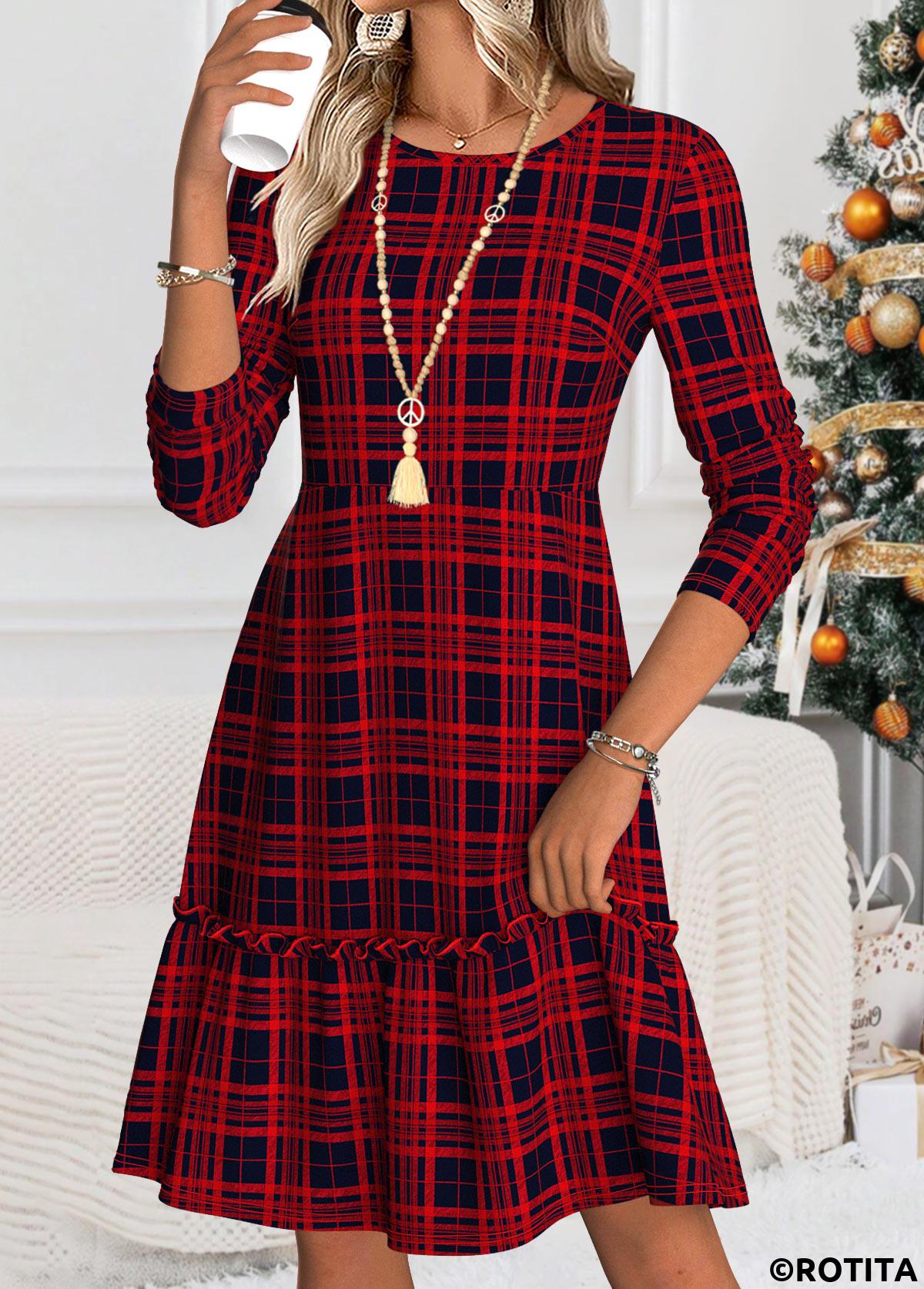 Wine Red dresses,Plaid dresses,Geometric dresses,Casual dresses,ROTITA Tummy Coverage Plaid Wine Red Round Neck Dress