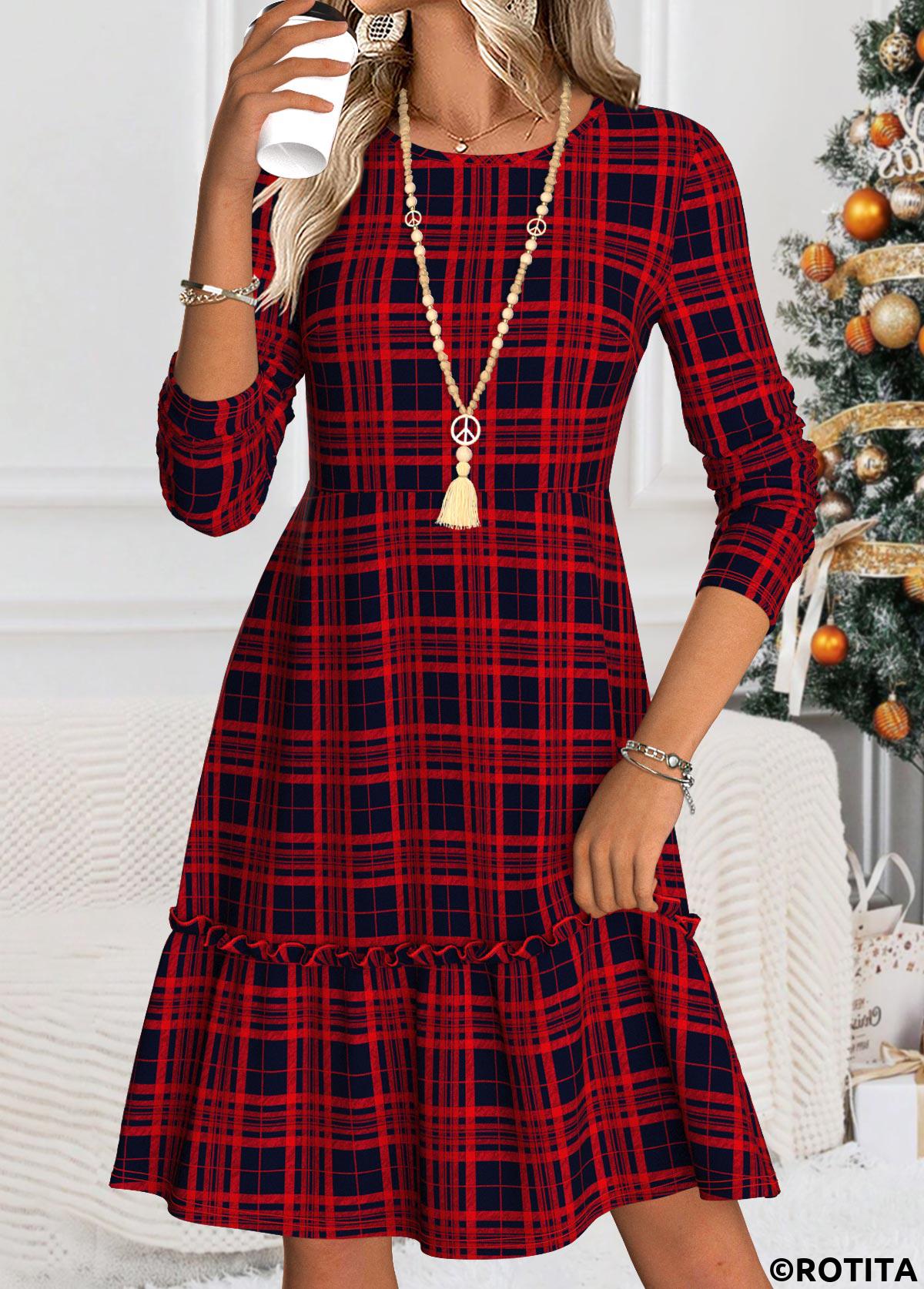 Wine Red dresses,Plaid dresses,Geometric dresses,Casual dresses,ROTITA Tummy Coverage Plaid Wine Red Round Neck Dress