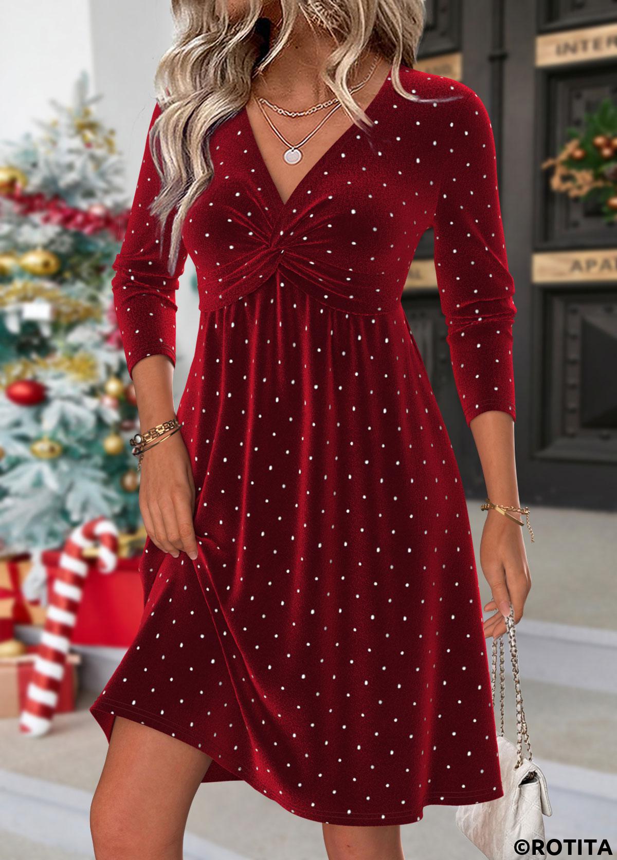 Wine Red dresses,Plain Color dresses,Casual dresses,ROTITA Tummy Coverage Wine Red Short V Neck Dress