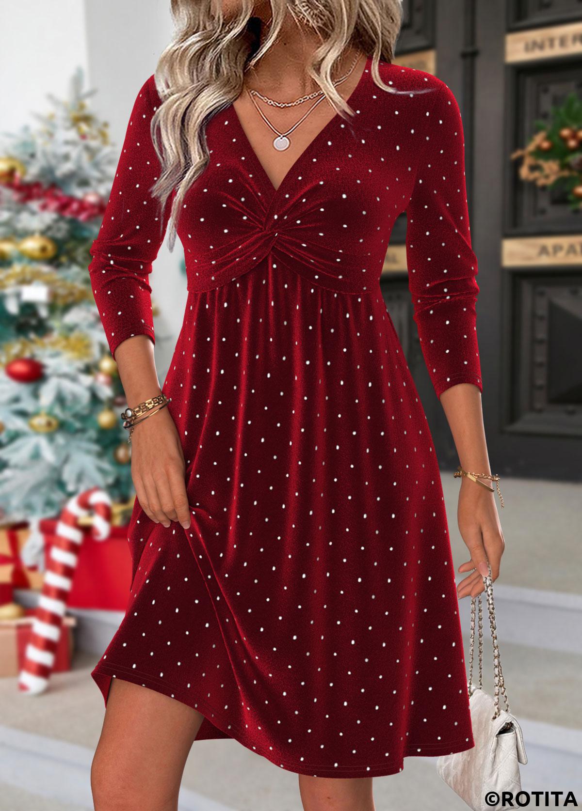 Wine Red dresses,Plain Color dresses,Casual dresses,ROTITA Tummy Coverage Wine Red Short V Neck Dress