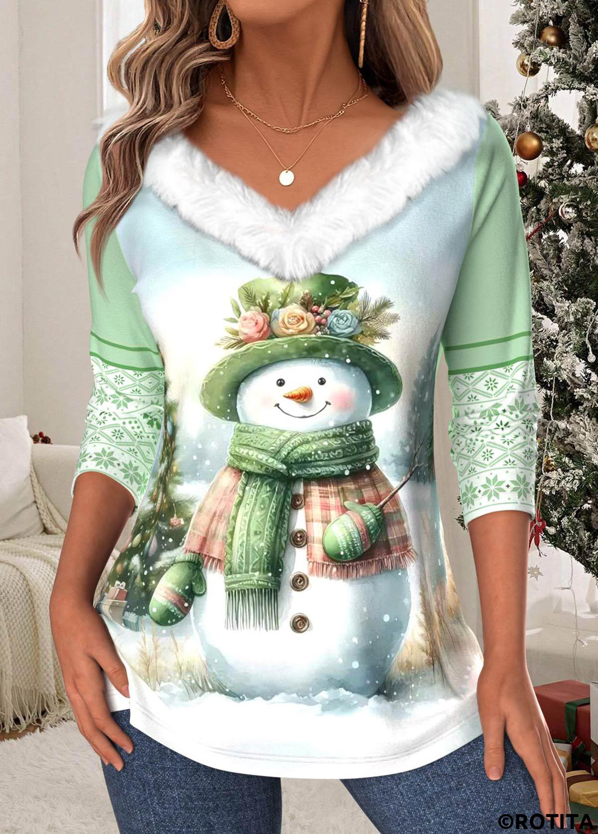 Light Green tops,Christmas tops,ROTITA Christmas Tummy Coverage Light Green V Neck T Shirt
