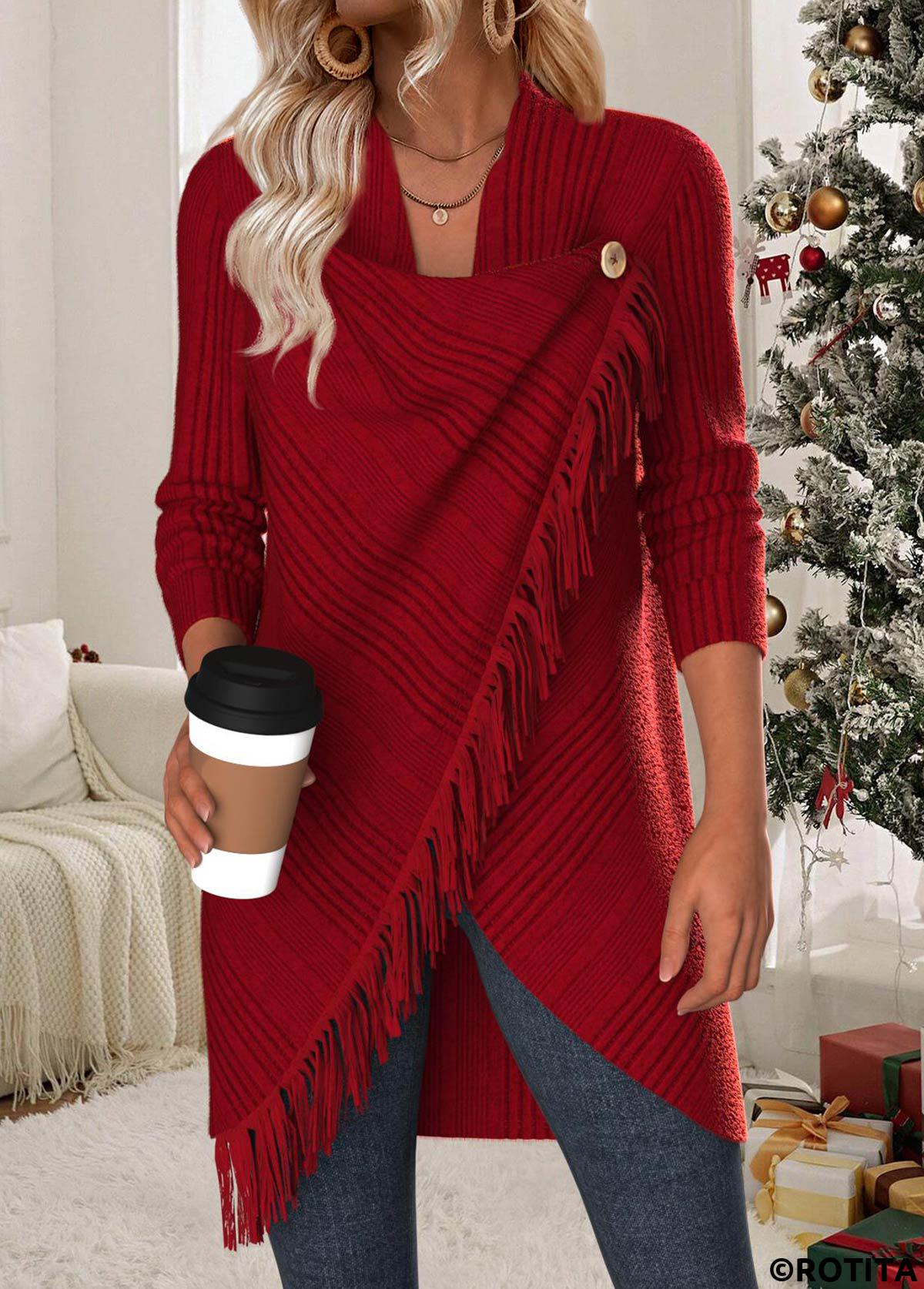 Wine Red tops,Plain Color tops,ROTITA Tummy Coverage Wine Red Draped Neck Long Sleeve Coat