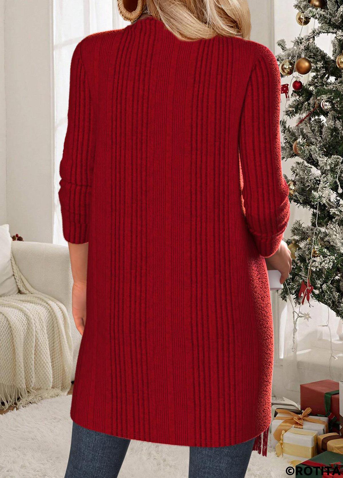 Wine Red tops,Plain Color tops,ROTITA Tummy Coverage Wine Red Draped Neck Long Sleeve Coat