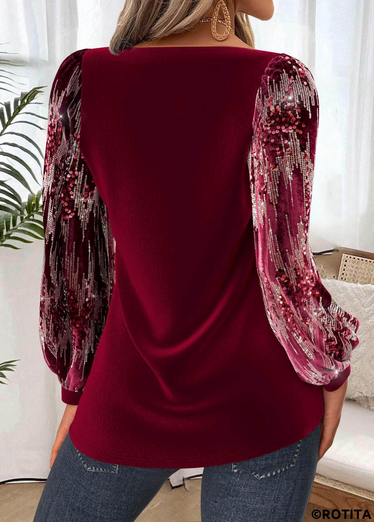 Wine Red tops,Plain Color tops,ROTITA Tummy Coverage Wine Red Heart Collar Long Sleeve Blouse