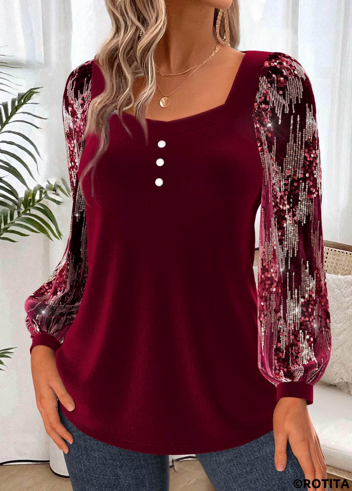 Wine Red tops,Plain Color tops,ROTITA Tummy Coverage Wine Red Heart Collar Long Sleeve Blouse