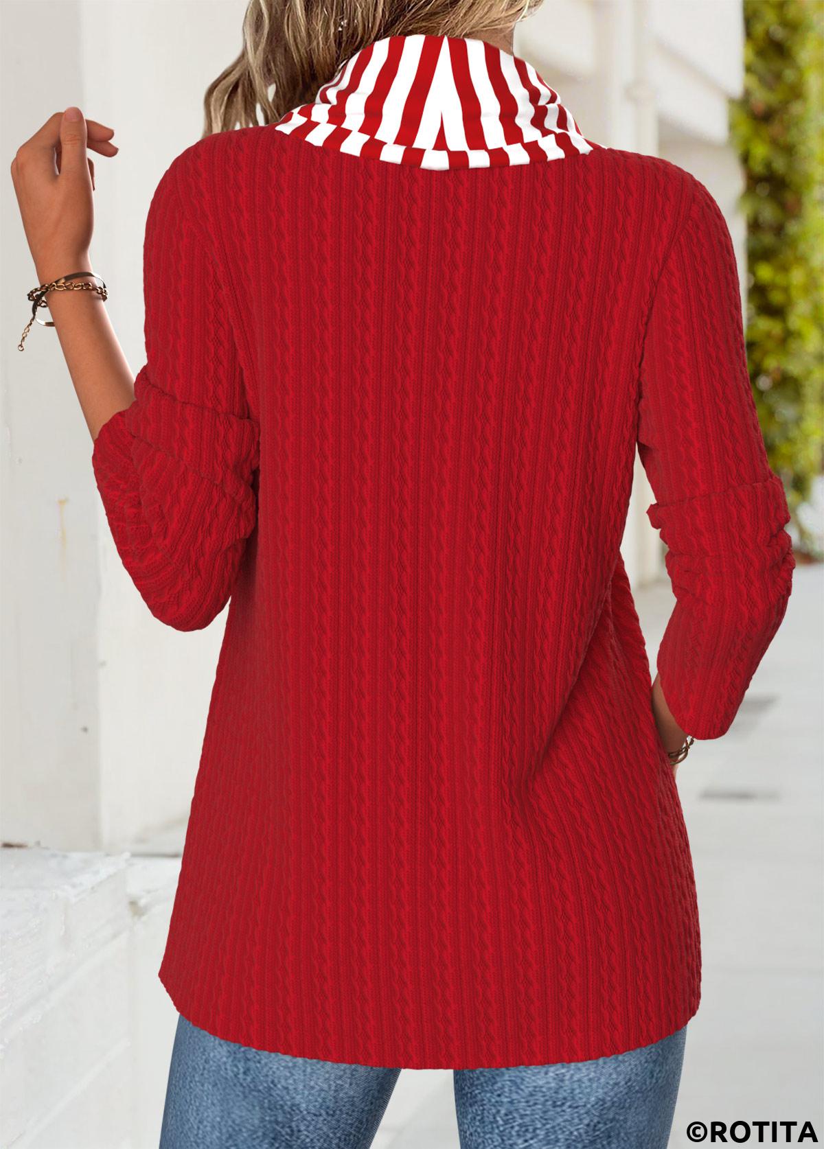 Red tops,Striped tops,Geometric tops,ROTITA Tummy Coverage Striped Red Cowl Neck Long Sleeve Sweatshirt