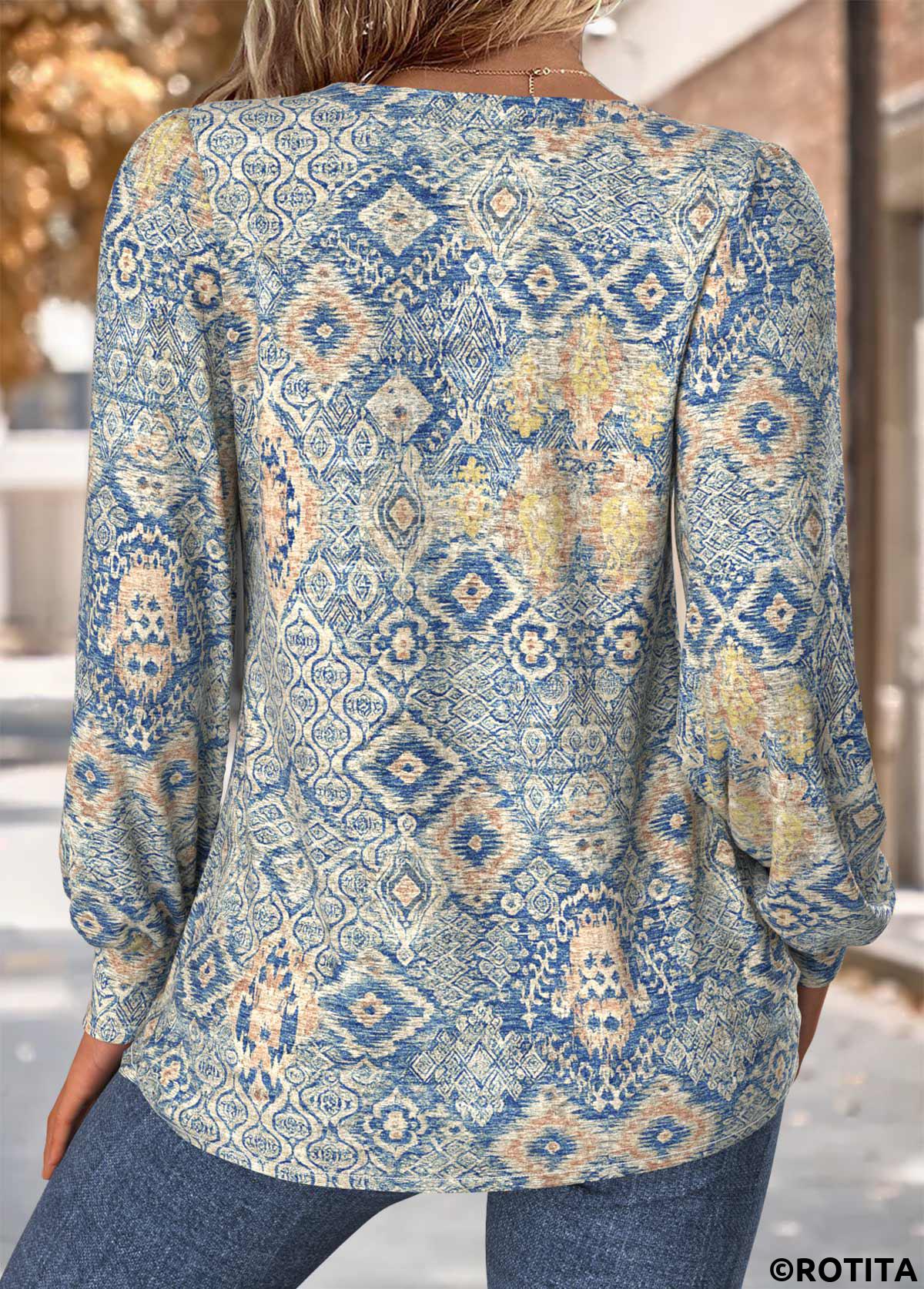 Blue tops,Tribal tops,ROTITA Tuck Stitch Tribal Print Blue V Neck T Shirt
