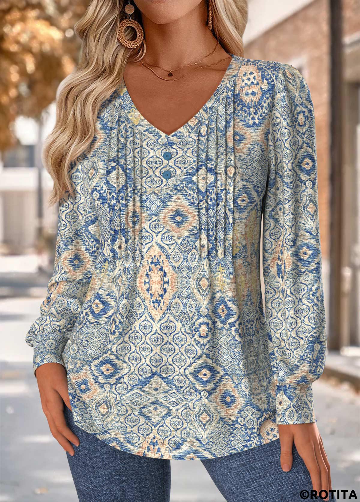 Blue tops,Tribal tops,ROTITA Tuck Stitch Tribal Print Blue V Neck T Shirt