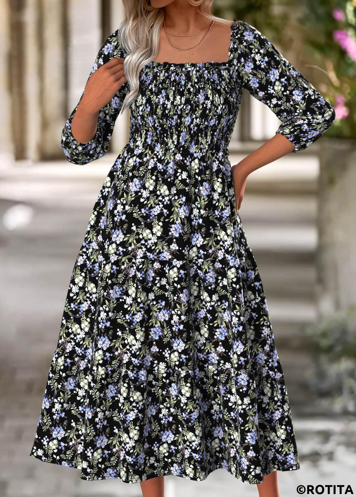 Multi Color dresses,Floral dresses,Plants dresses,Casual dresses,ROTITA Tummy Coverage Floral Print Multi Color Square Neck Dress