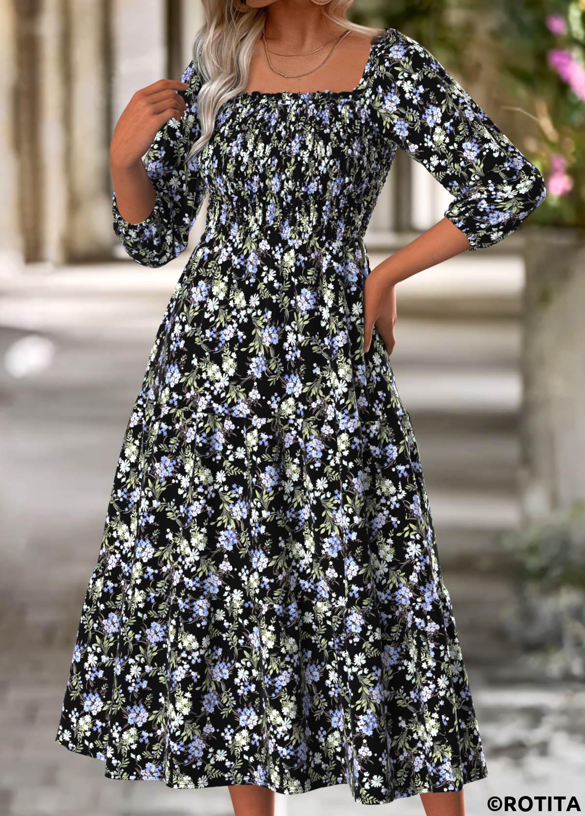 Multi Color dresses,Floral dresses,Plants dresses,Casual dresses,ROTITA Tummy Coverage Floral Print Multi Color Square Neck Dress
