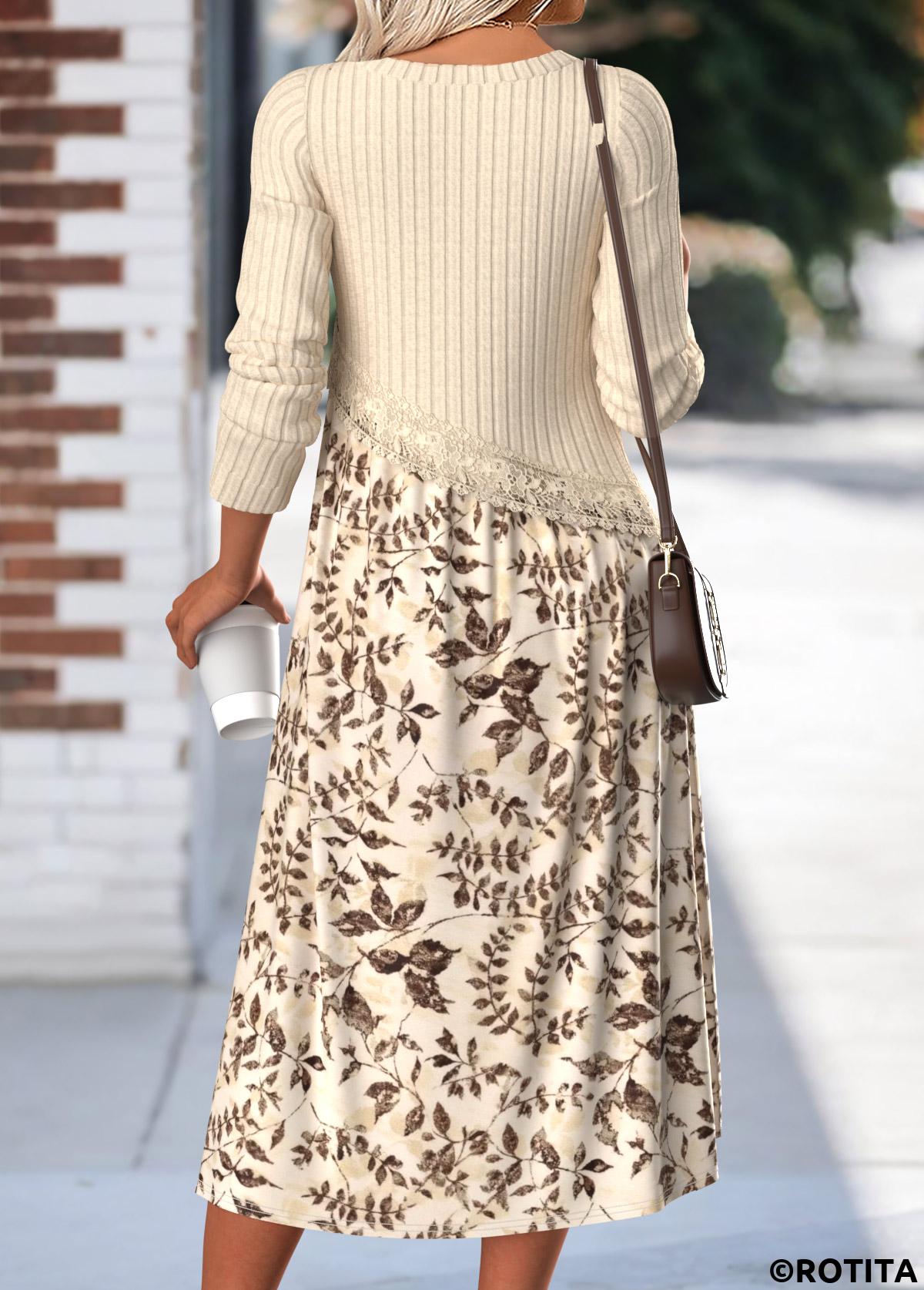 Beige dresses,Plants dresses,Casual dresses,ROTITA Tummy Coverage Leaf Print Beige Round Neck Dress