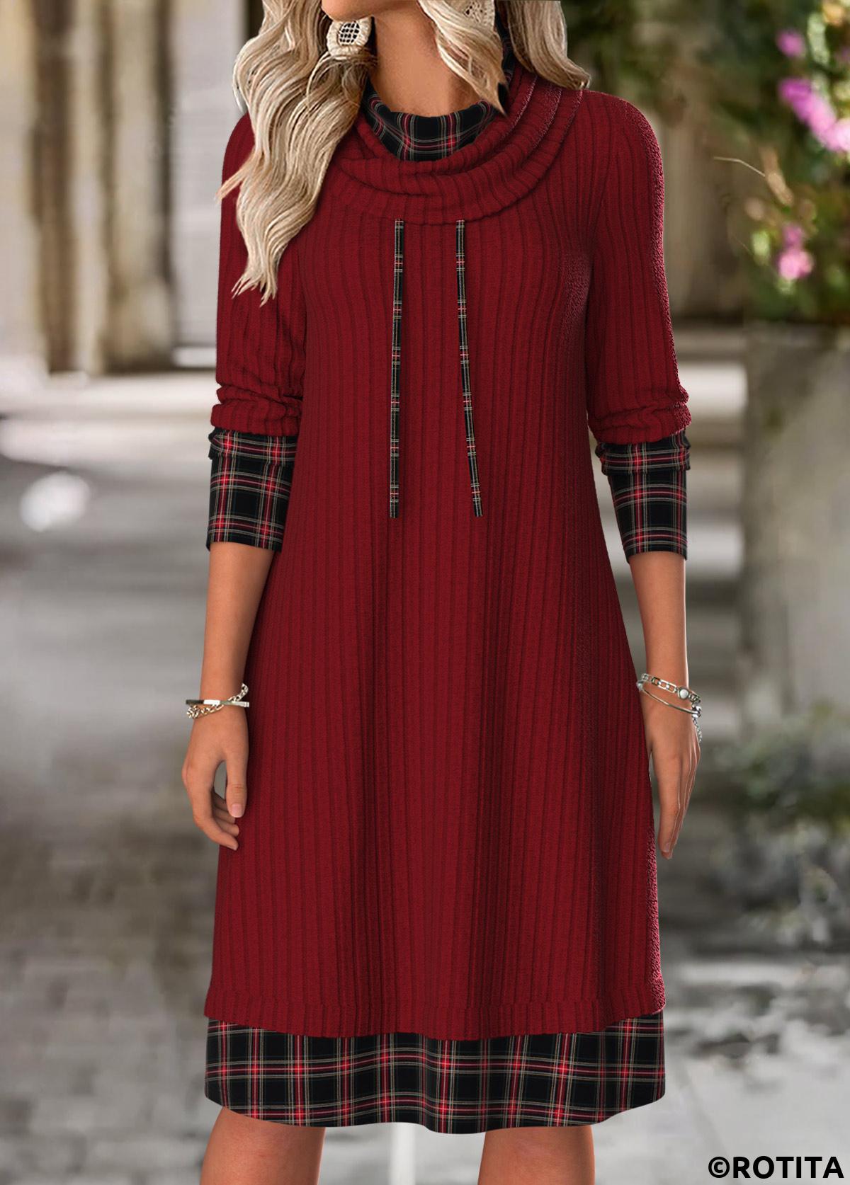 Wine Red dresses,Plaid dresses,Geometric dresses,Everyday dresses,Casual dresses,ROTITA Tummy Coverage Plaid Wine Red Cowl Neck Dress