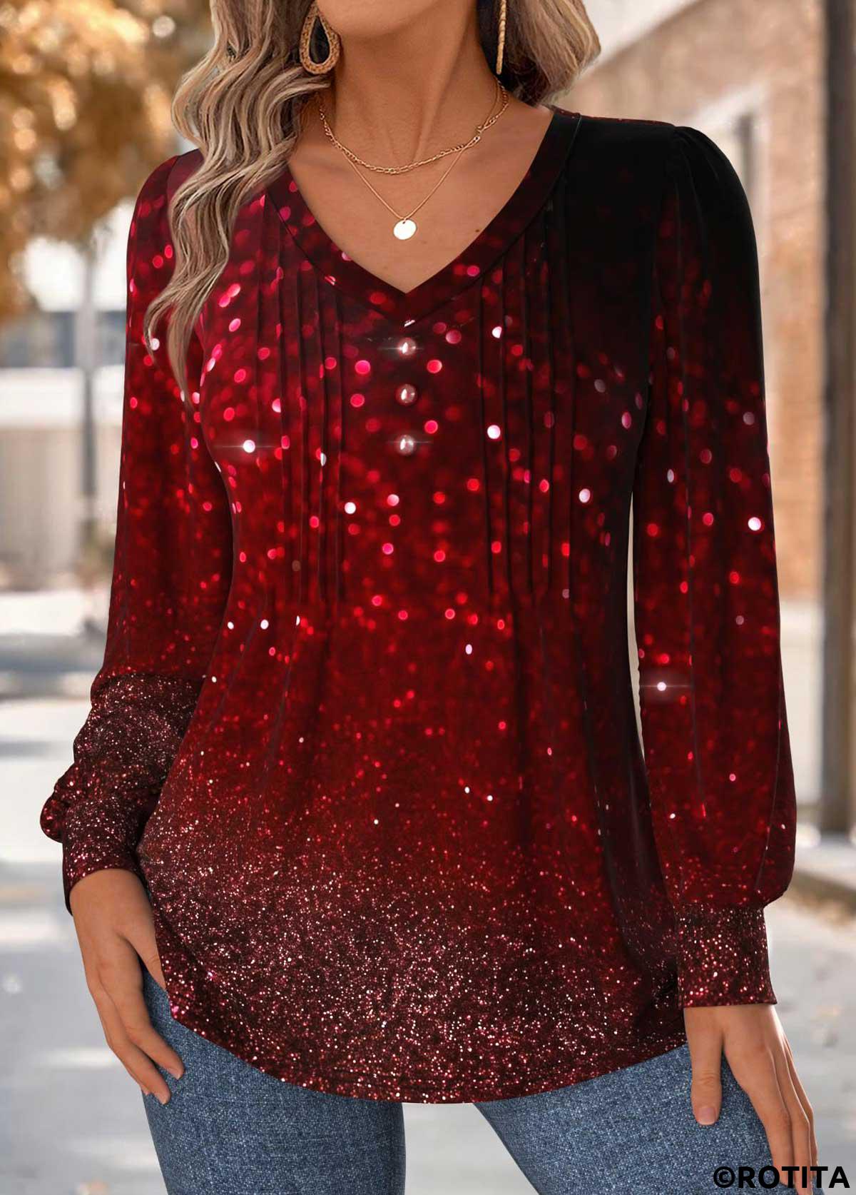 Red tops,Ombre tops,ROTITA Tummy Coverage Ombre Red V Neck T Shirt
