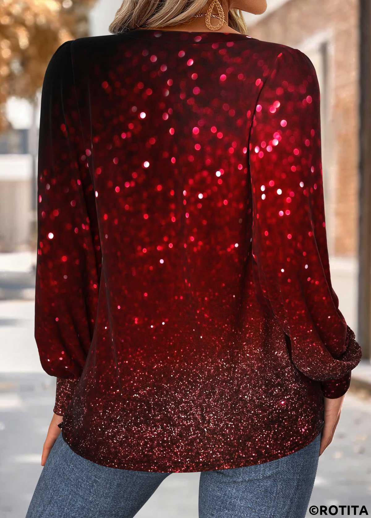 Red tops,Ombre tops,ROTITA Tummy Coverage Ombre Red V Neck T Shirt