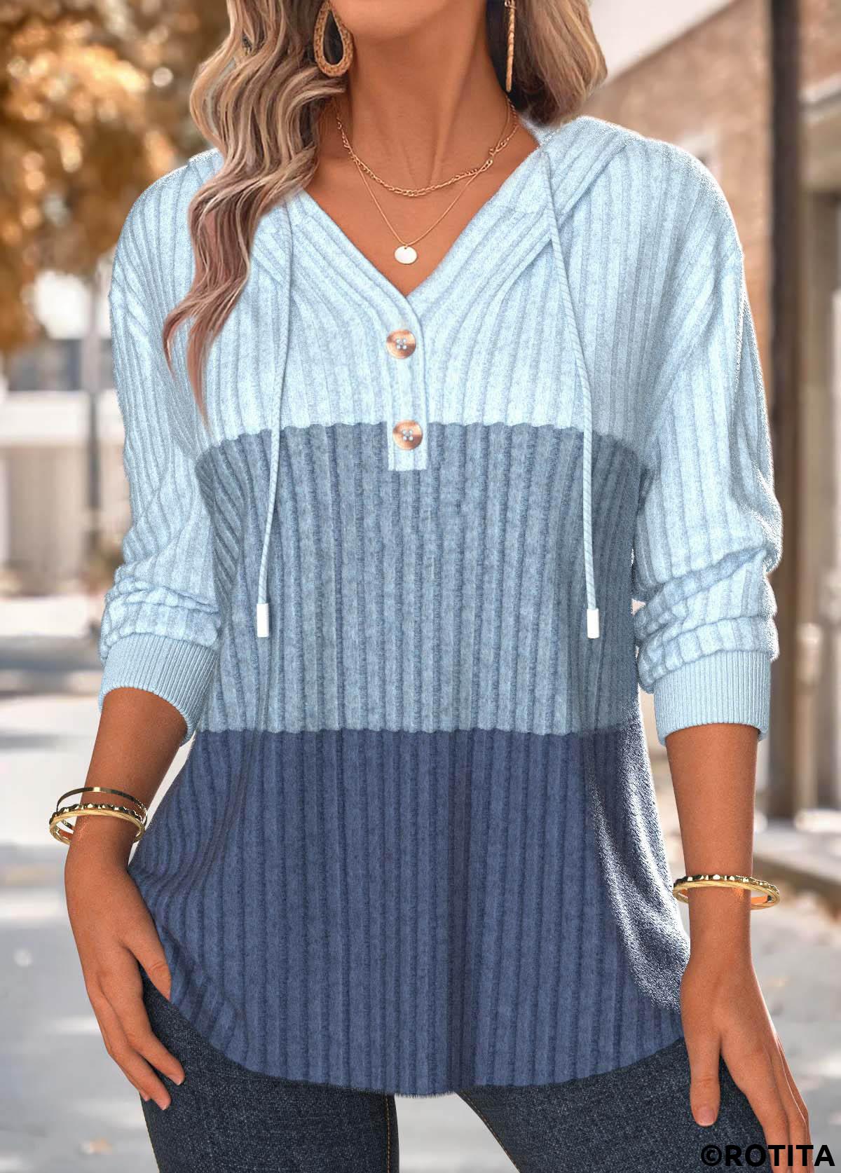 Blue tops,Contrast Color tops,ROTITA Tummy Coverage Blue Long Sleeve Hoodie