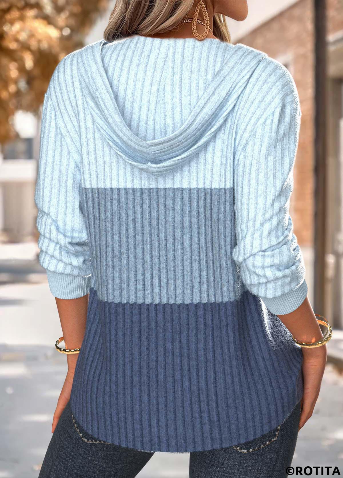Blue tops,Contrast Color tops,ROTITA Tummy Coverage Blue Long Sleeve Hoodie