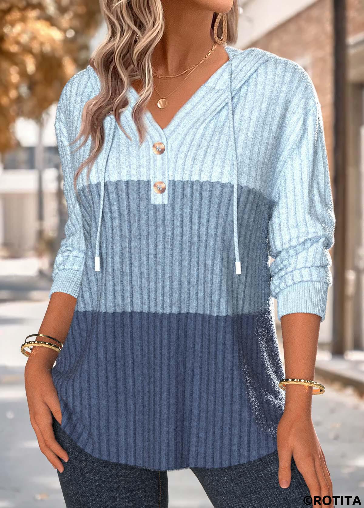 Blue tops,Contrast Color tops,ROTITA Tummy Coverage Blue Long Sleeve Hoodie