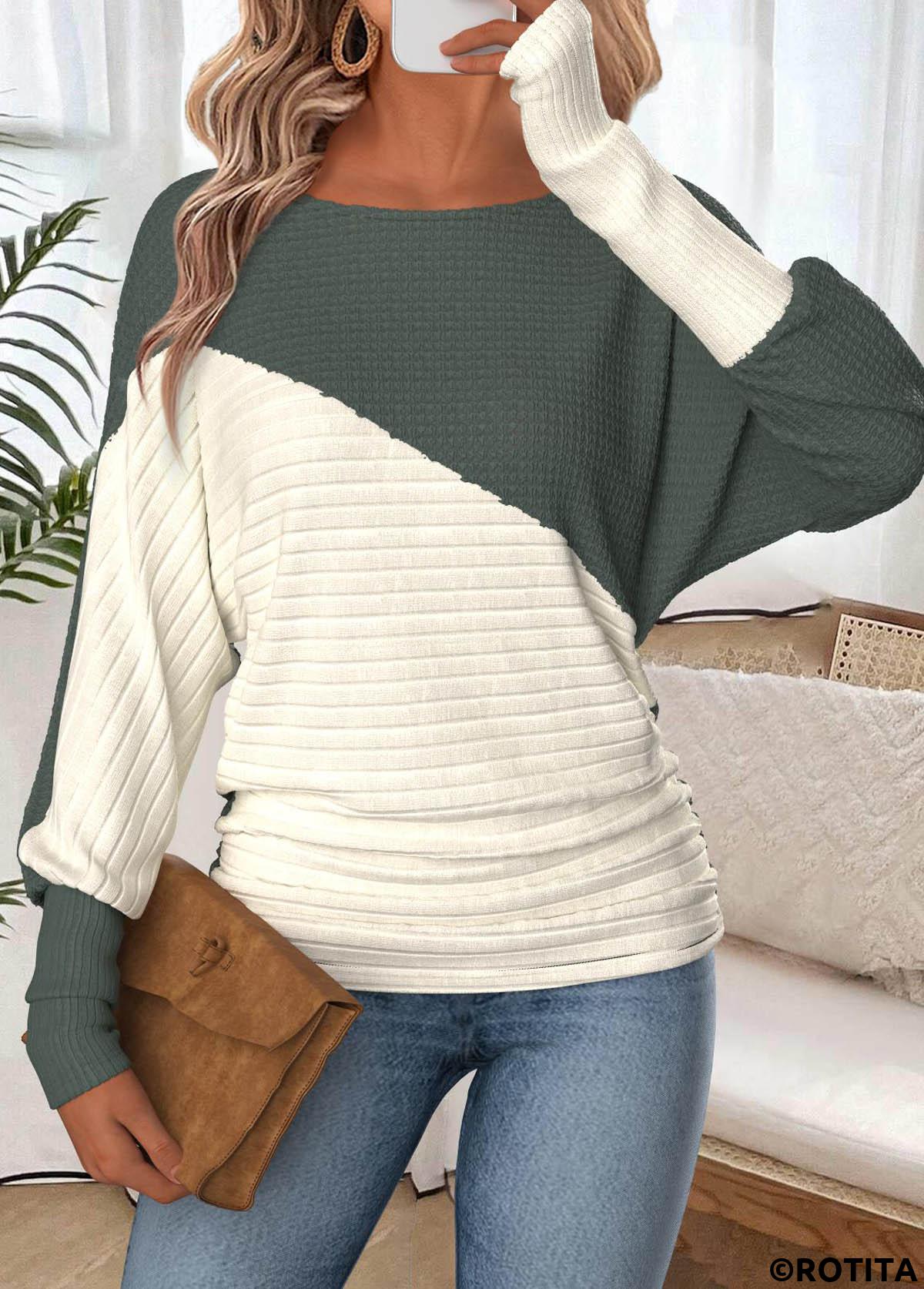 Sage Green tops,Contrast Color tops,ROTITA Tummy Coverage Sage Green Round Neck T Shirt