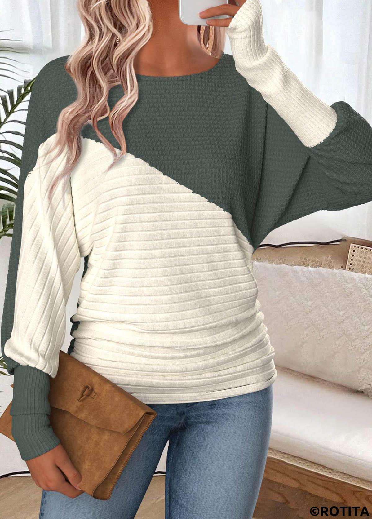 Sage Green tops,Contrast Color tops,ROTITA Tummy Coverage Sage Green Round Neck T Shirt
