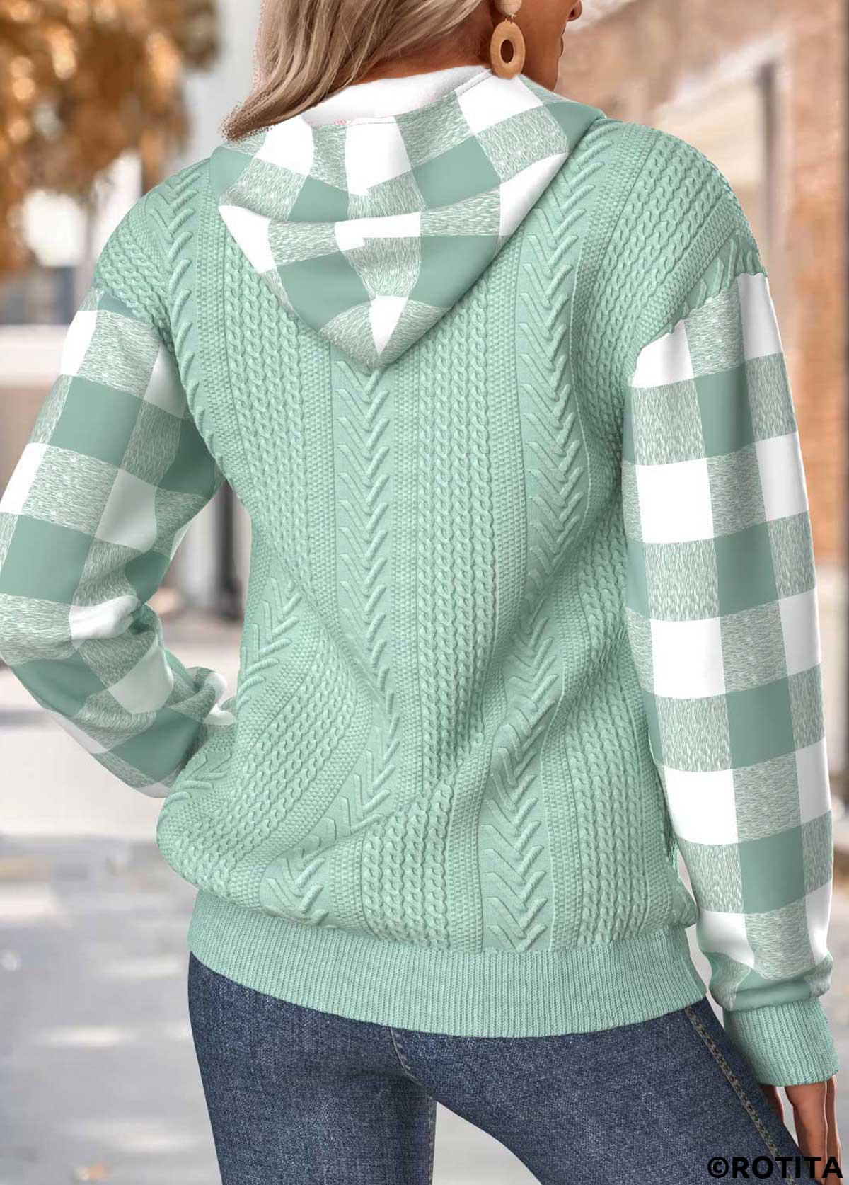 Sage Green tops,Plaid tops,Geometric tops,ROTITA Tummy Coverage Plaid Sage Green Long Sleeve Hoodie