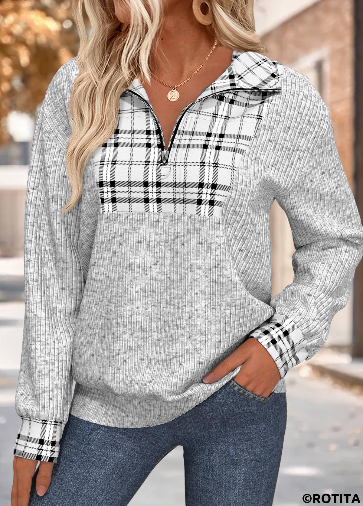 Grey tops,Plaid tops,Geometric tops,ROTITA Plaid Grey Turn Down Collar Long Sleeve Sweatshirt