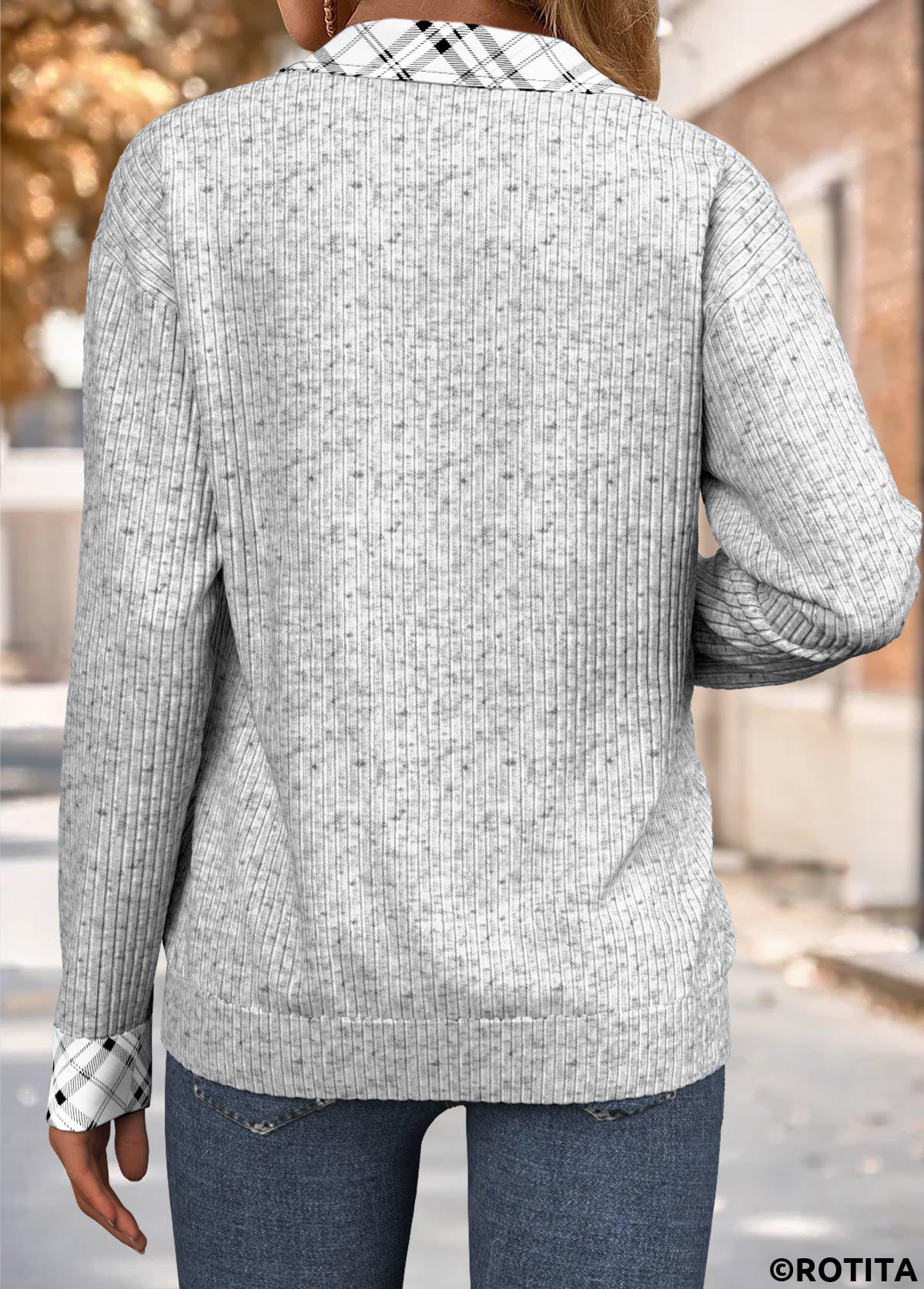 Grey tops,Plaid tops,Geometric tops,ROTITA Plaid Grey Turn Down Collar Long Sleeve Sweatshirt